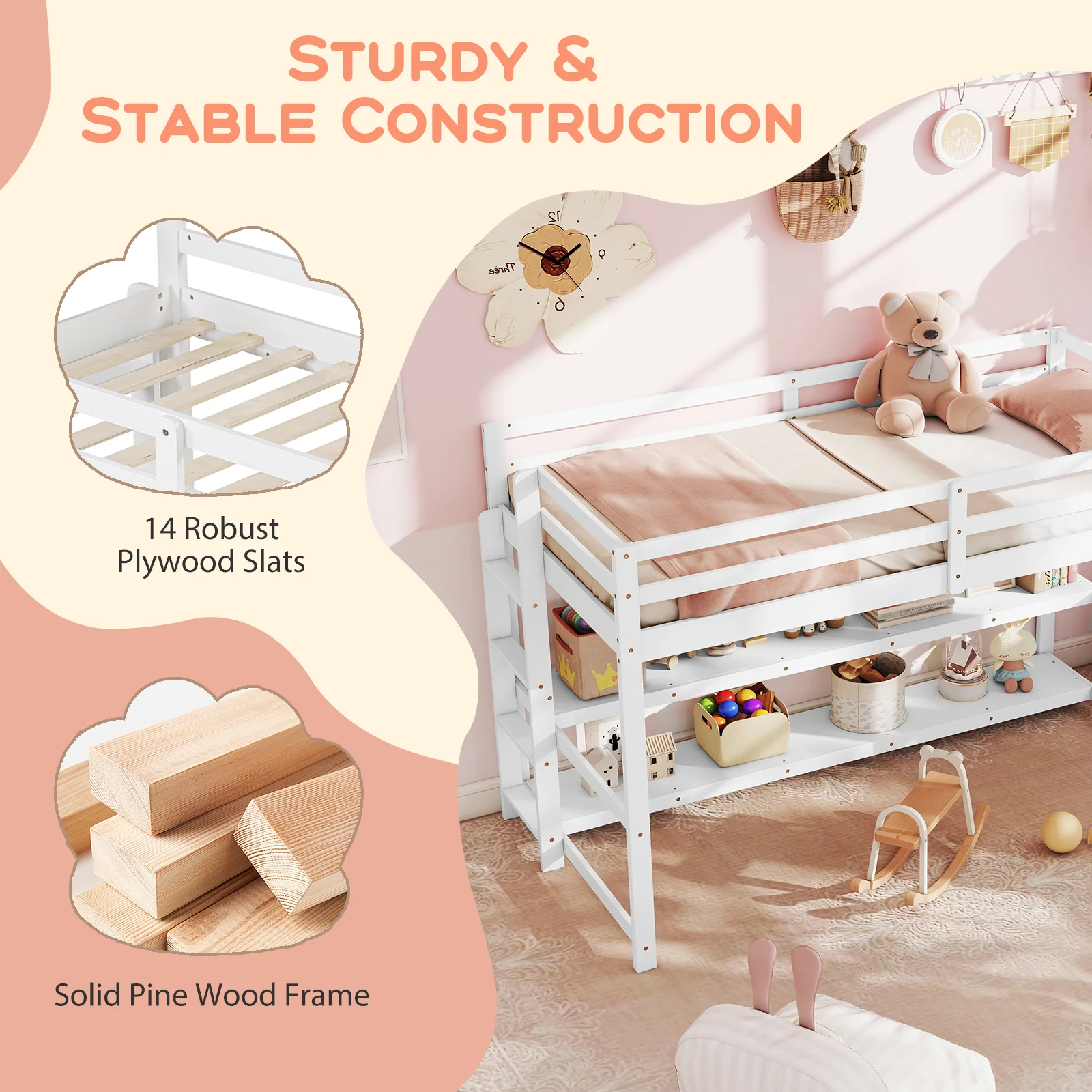 Twin Size Loft Bed With Storage Shelves, White - Image 6