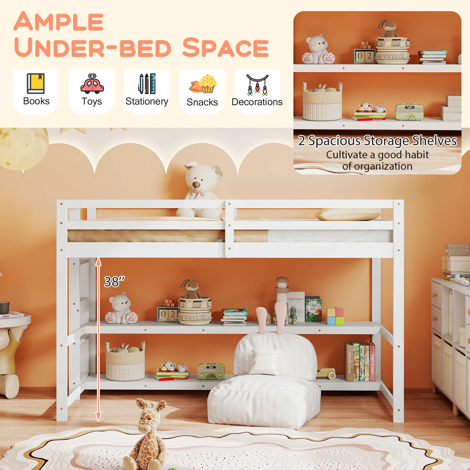 Twin Size Loft Bed With Storage Shelves, White - Image 7