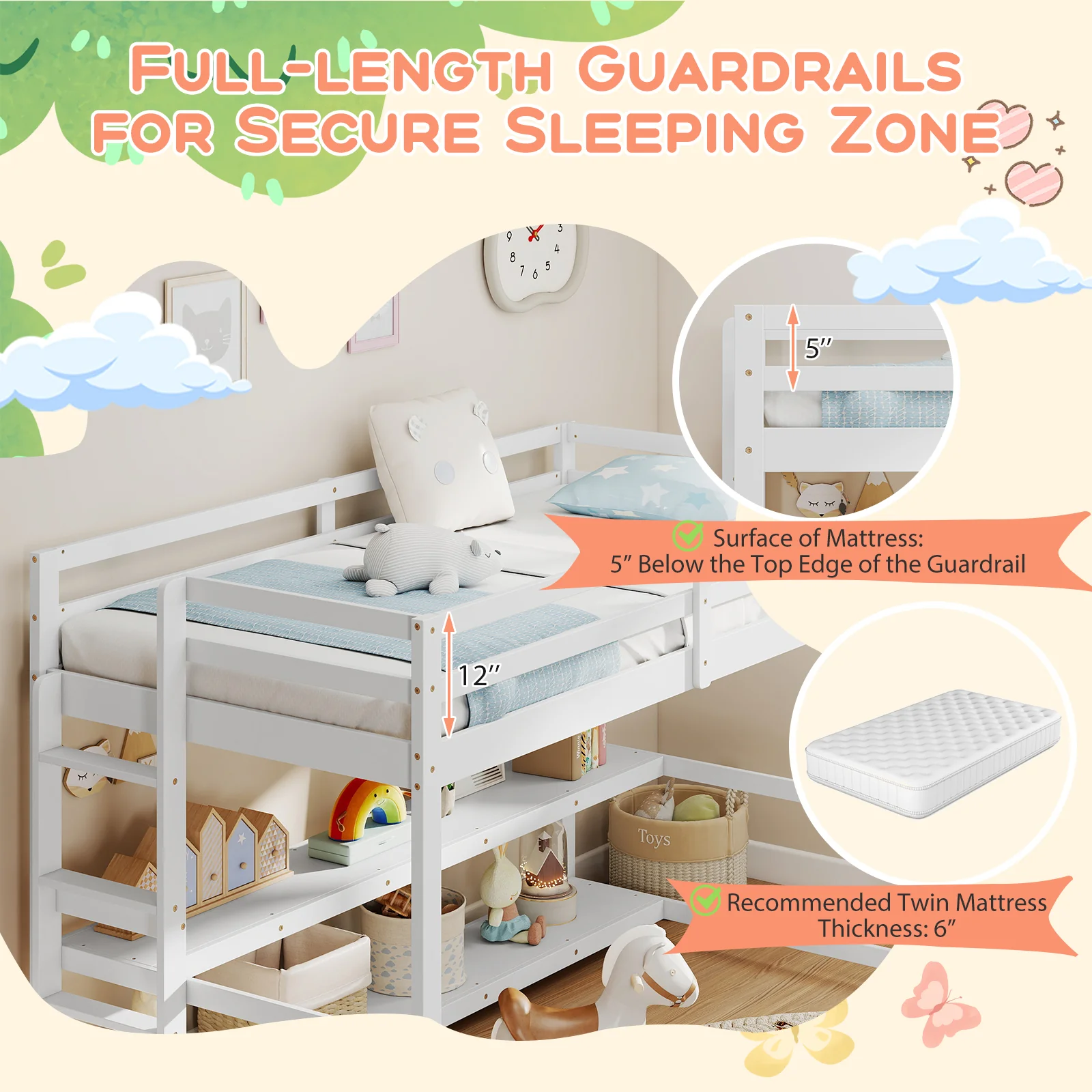 Twin Size Loft Bed With Storage Shelves, White - Image 9