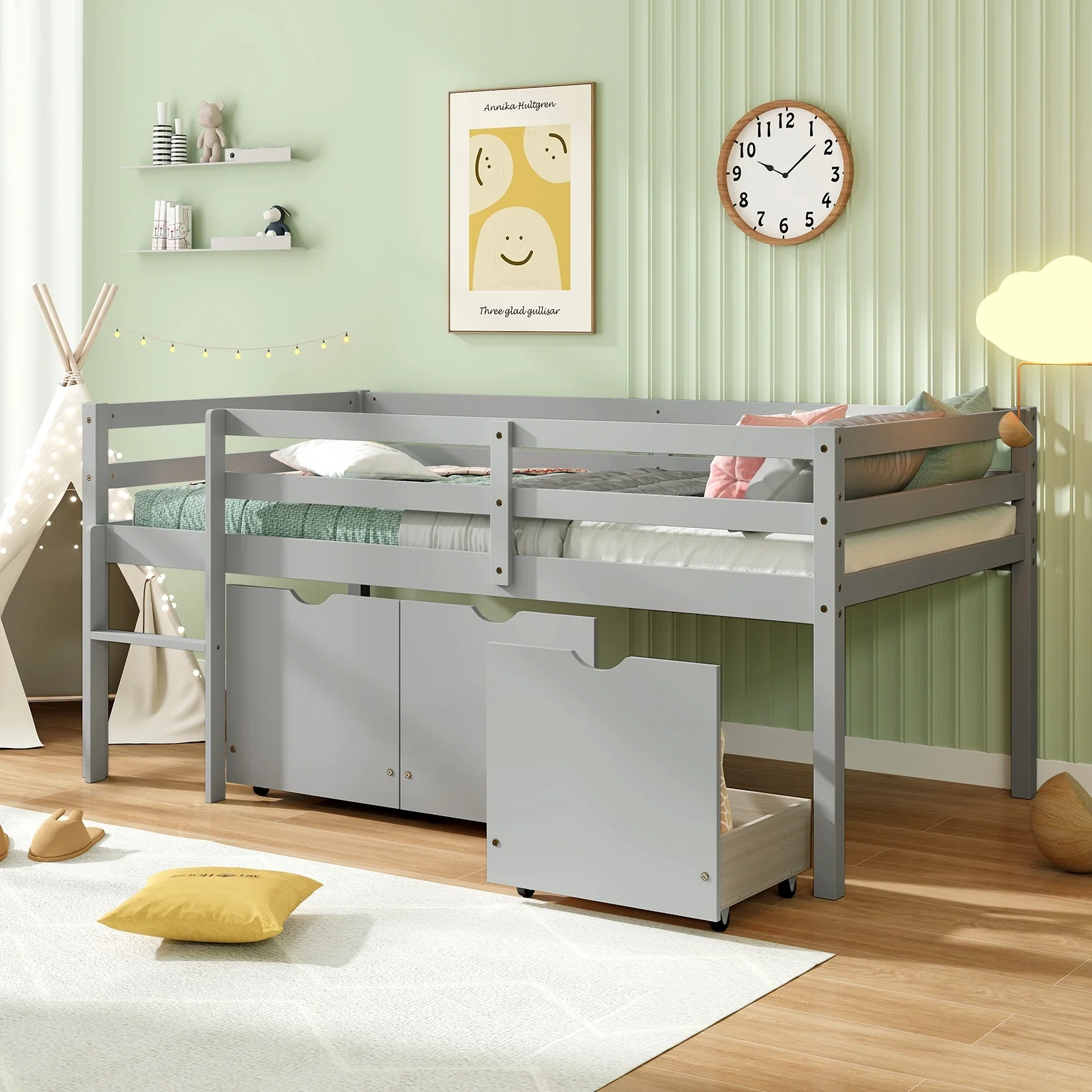 Twin Size Low Loft Bed With 3 Drawers, Ladder, Full Guardrails, Gray - Image 10
