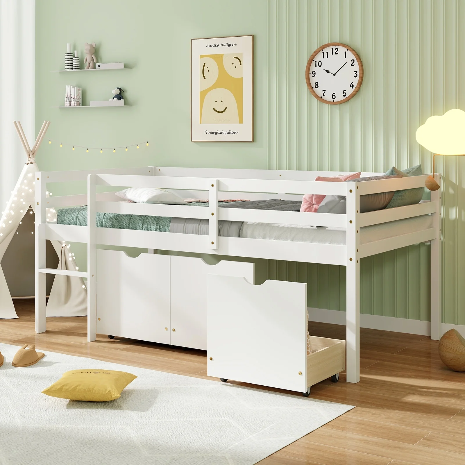 Twin Size Low Loft Bed With 3 Drawers, Ladder, Guardrails, White - Image 10