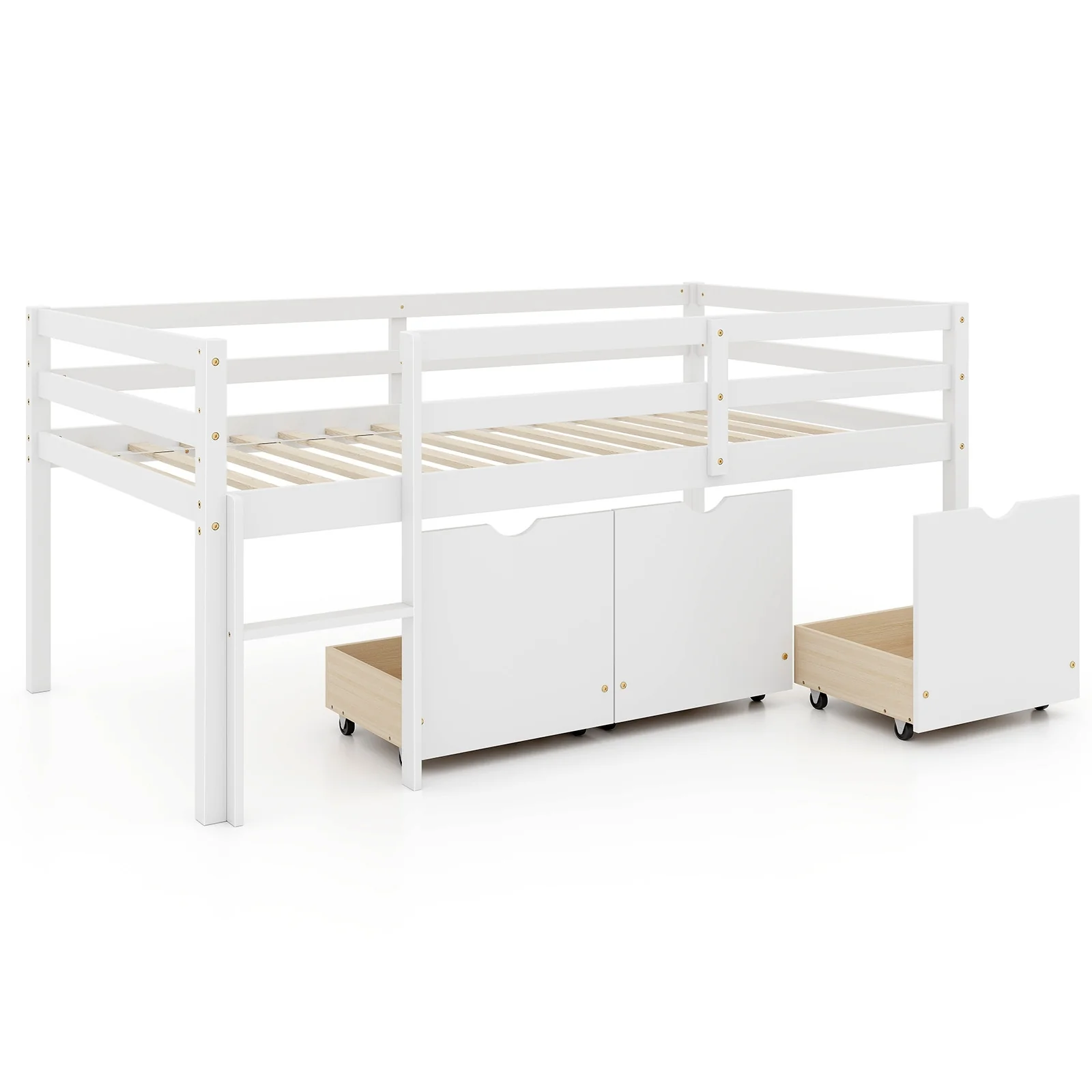 Twin Size Low Loft Bed With 3 Drawers, Ladder, Guardrails, White - Image 4