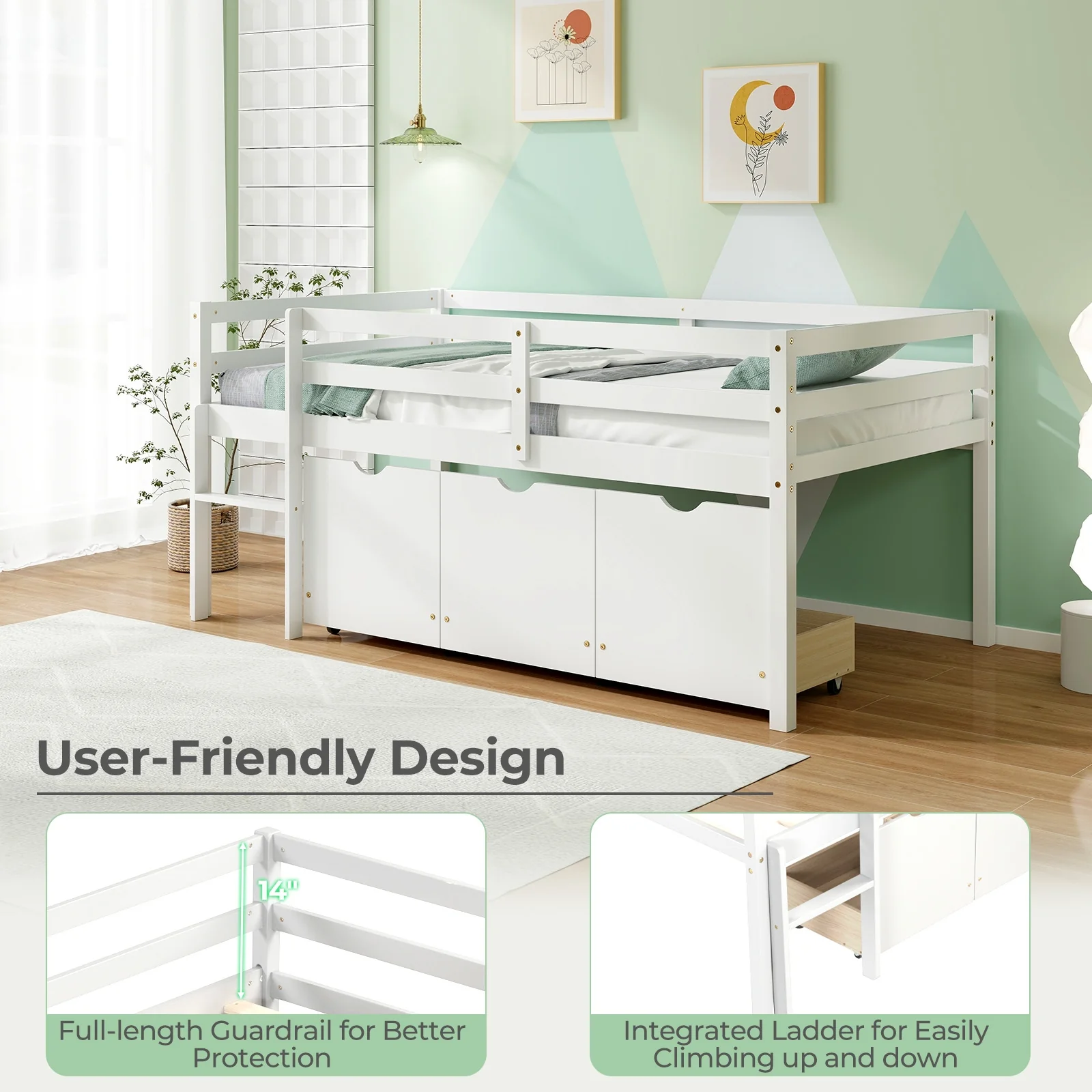 Twin Size Low Loft Bed With 3 Drawers, Ladder, Guardrails, White - Image 9