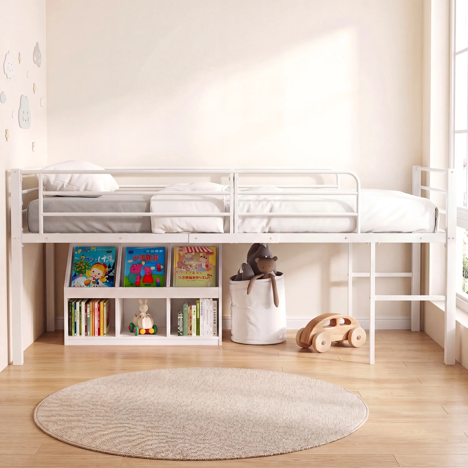 Twin Size Low Loft Bed with Safety Guardrails and 2 Ladders, White - Image 3