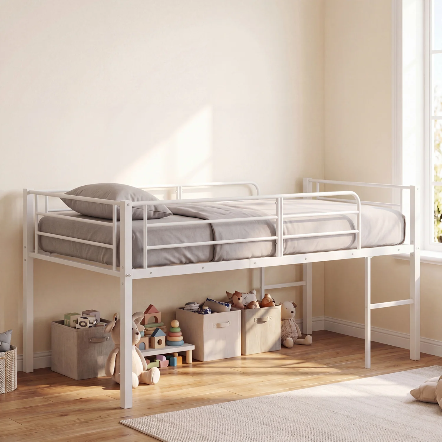 Twin Size Low Loft Bed with Safety Guardrails and 2 Ladders, White - Image 5