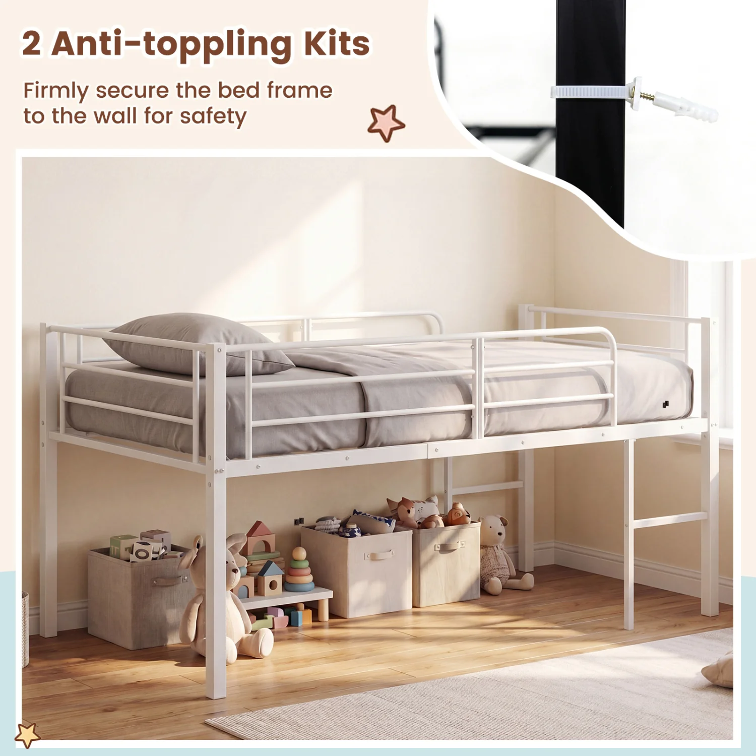 Twin Size Low Loft Bed with Safety Guardrails and 2 Ladders, White - Image 8