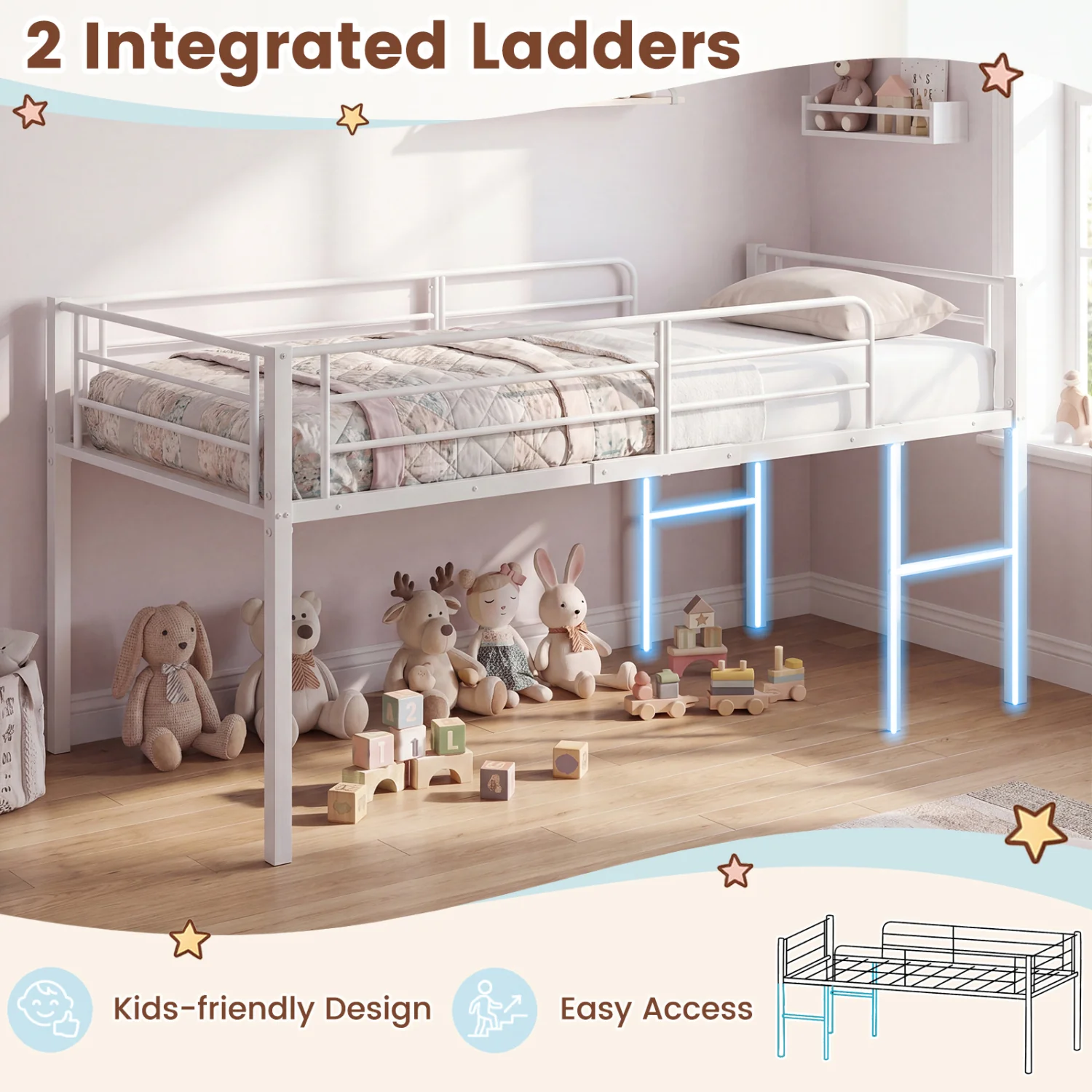 Twin Size Low Loft Bed with Safety Guardrails and 2 Ladders, White - Image 9