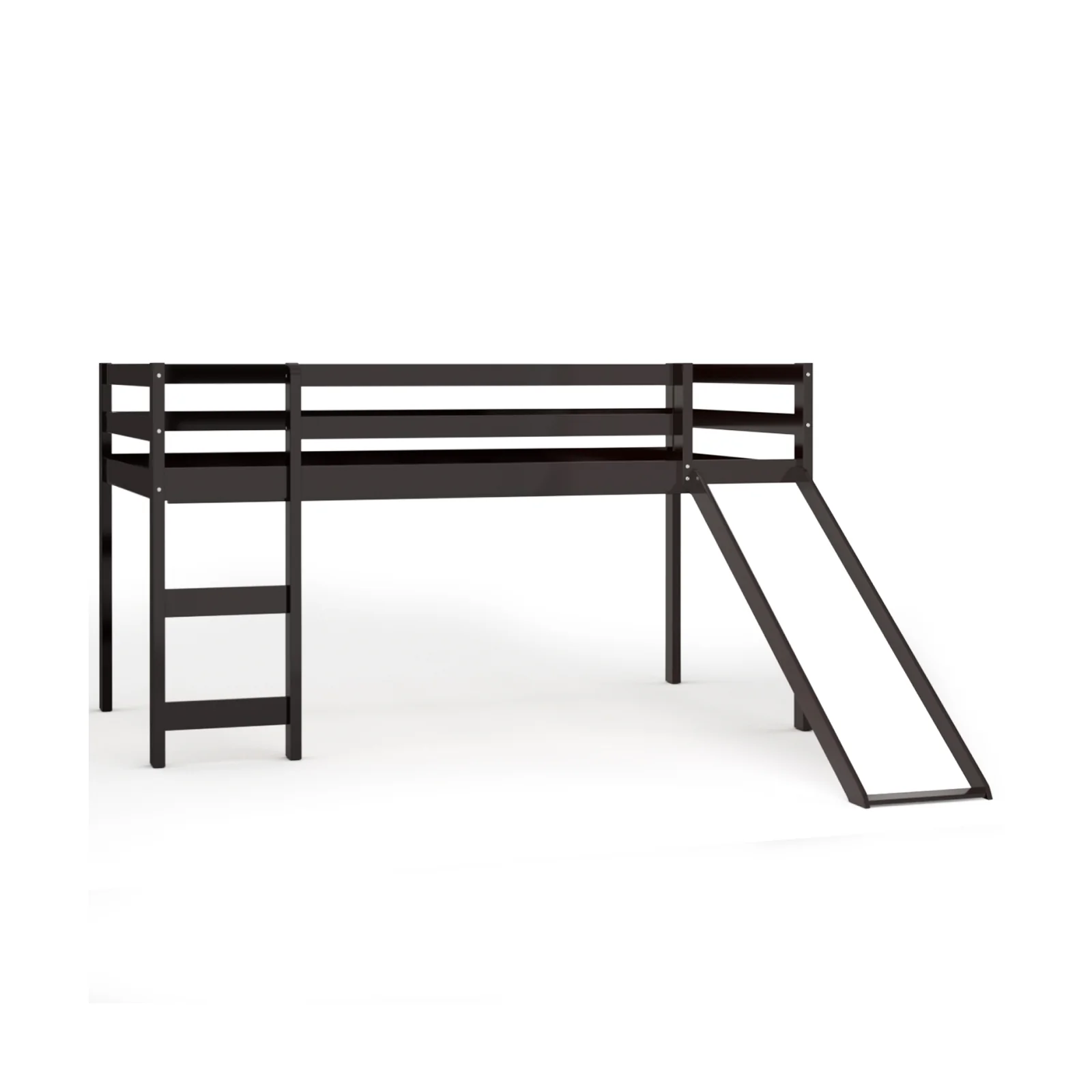Twin Size Low Loft Bed With Slide, Dark Brown