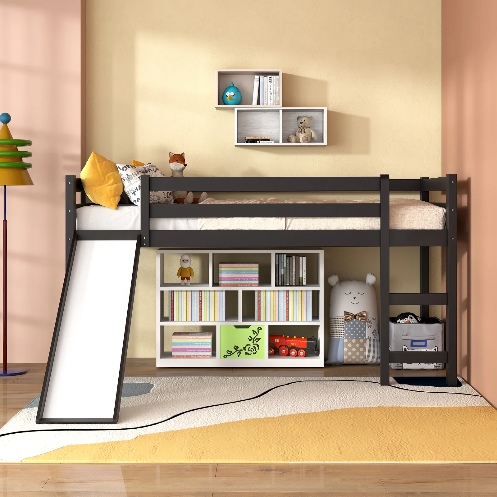 Twin Size Low Loft Bed With Slide, Dark Brown - Image 3