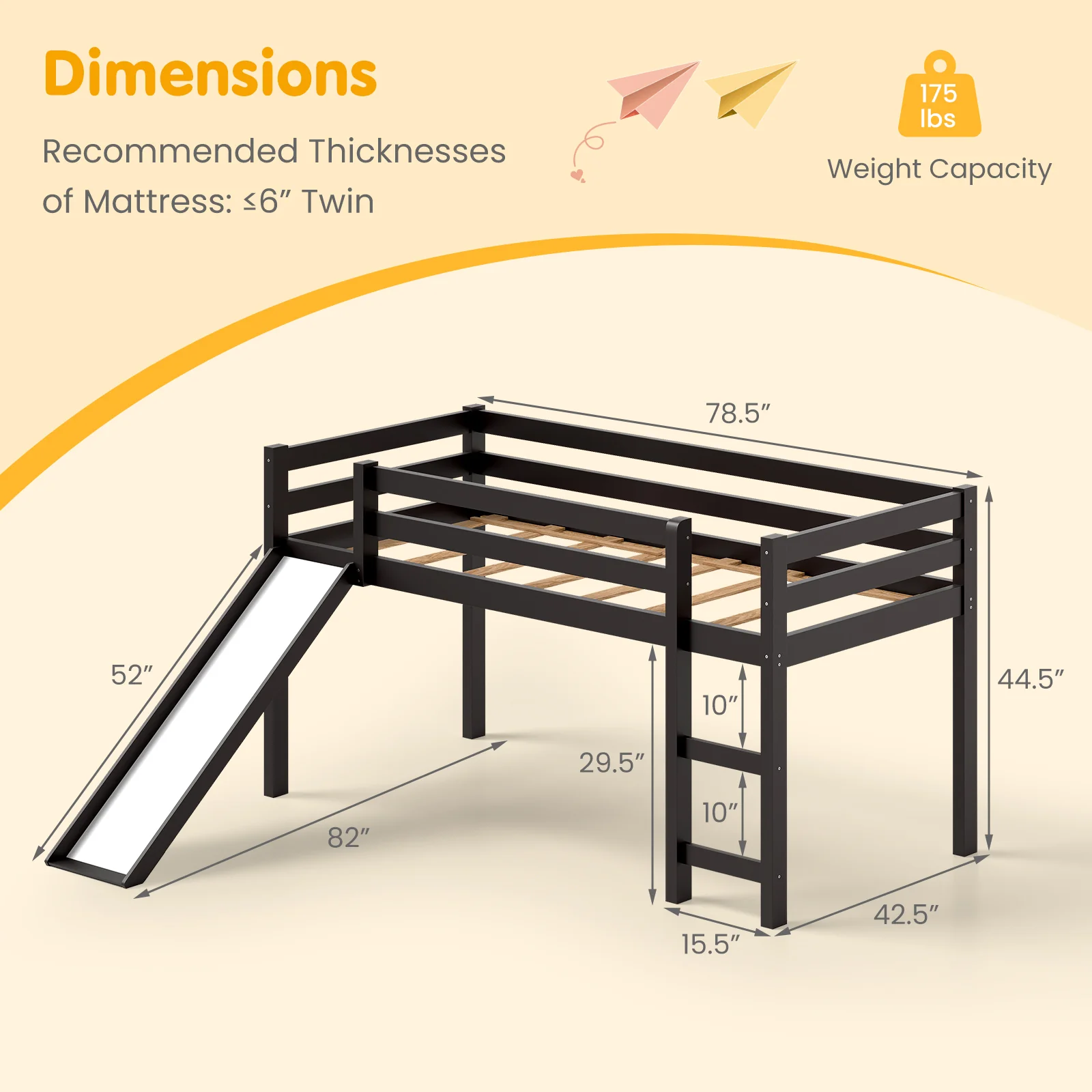 Twin Size Low Loft Bed With Slide, Dark Brown - Image 5