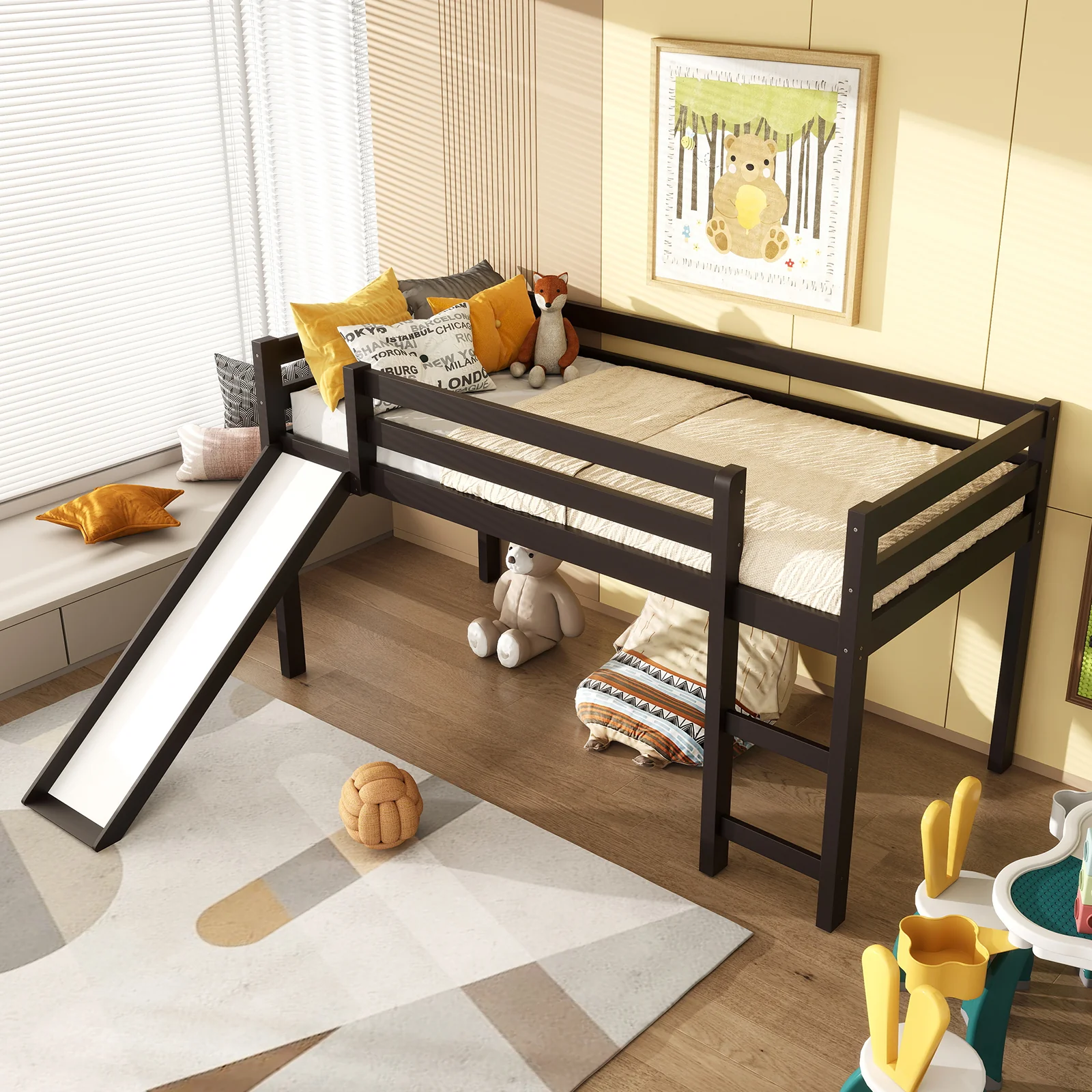 Twin Size Low Loft Bed With Slide, Dark Brown - Image 6