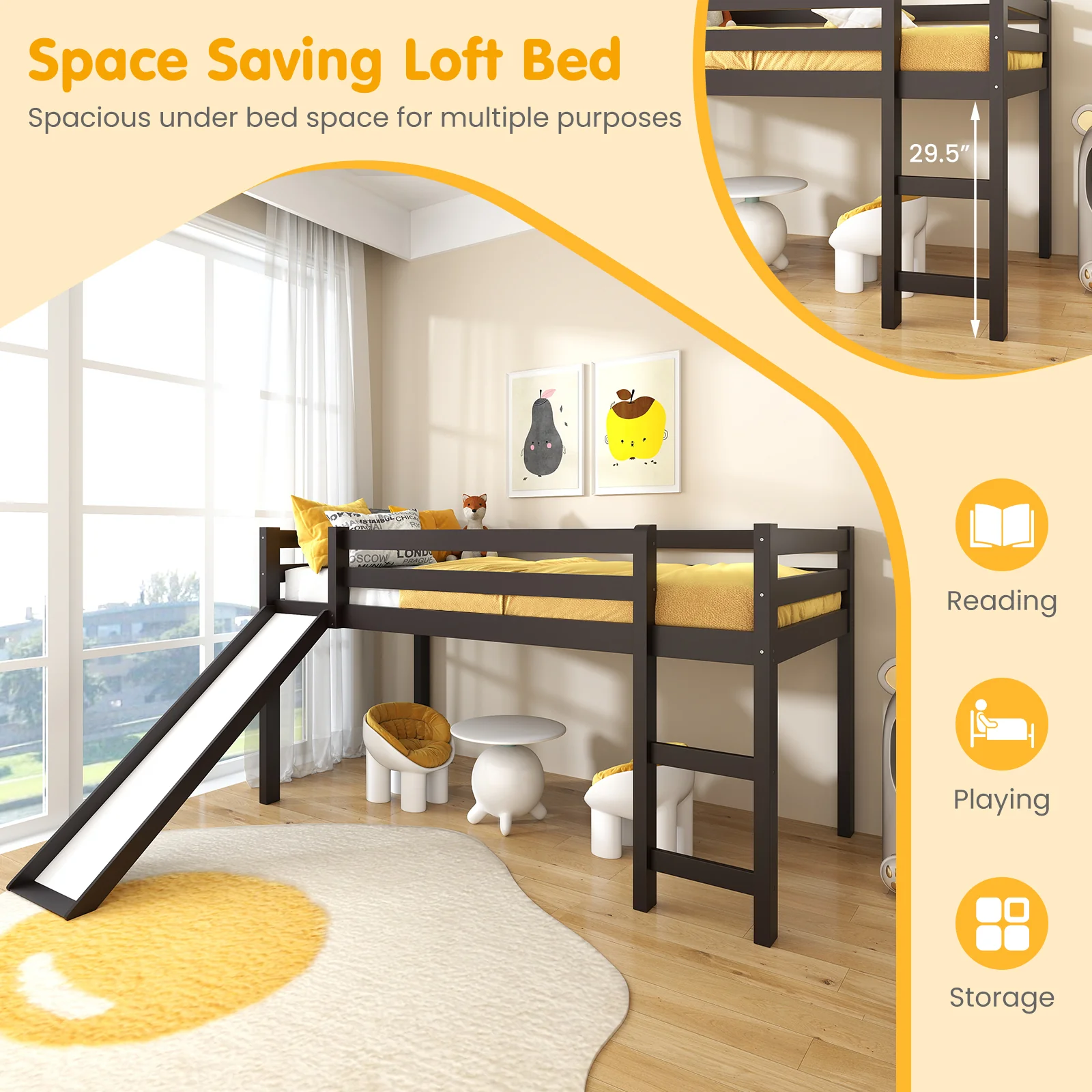 Twin Size Low Loft Bed With Slide, Dark Brown - Image 8