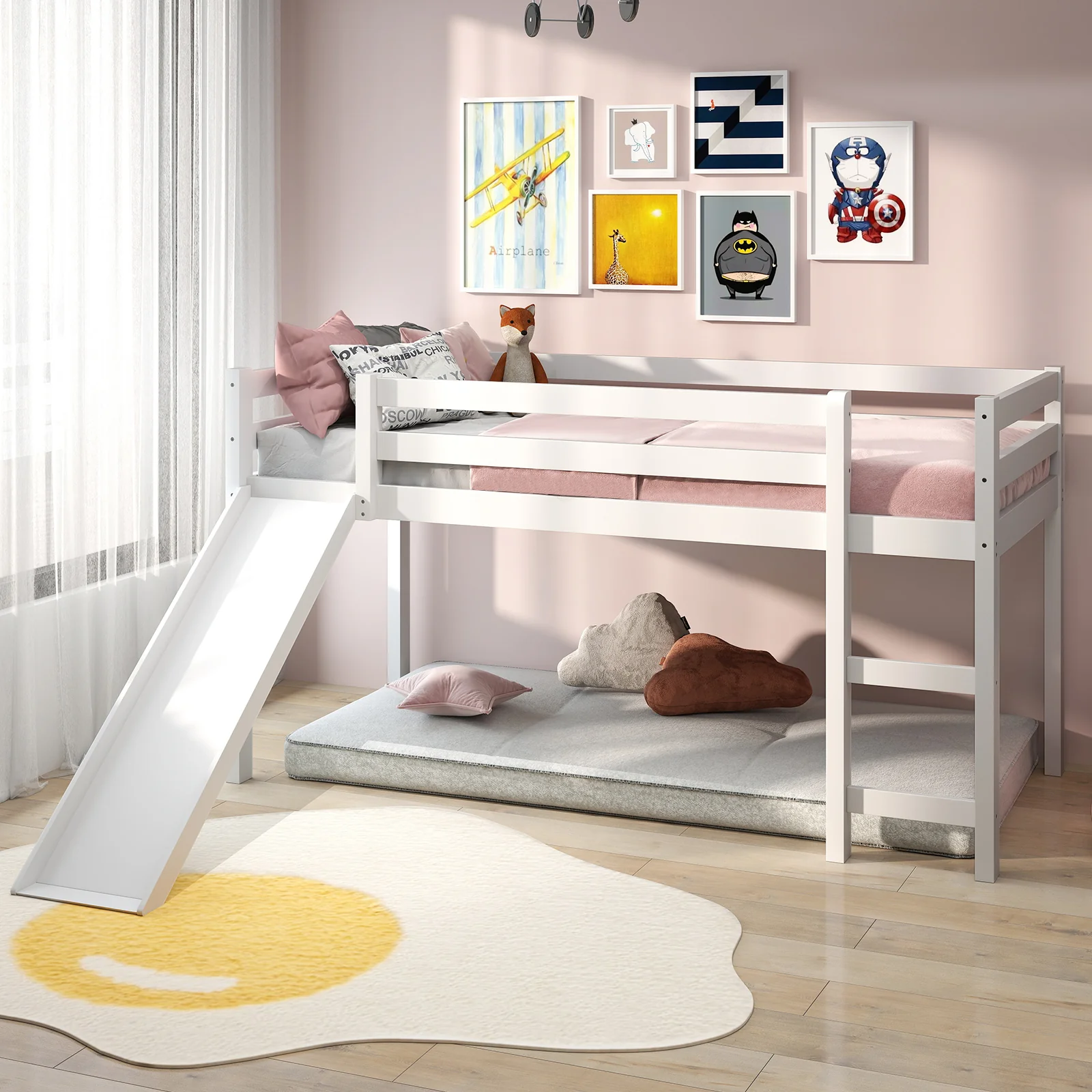 Twin Size Low Loft Bed With Slide, White - Image 2