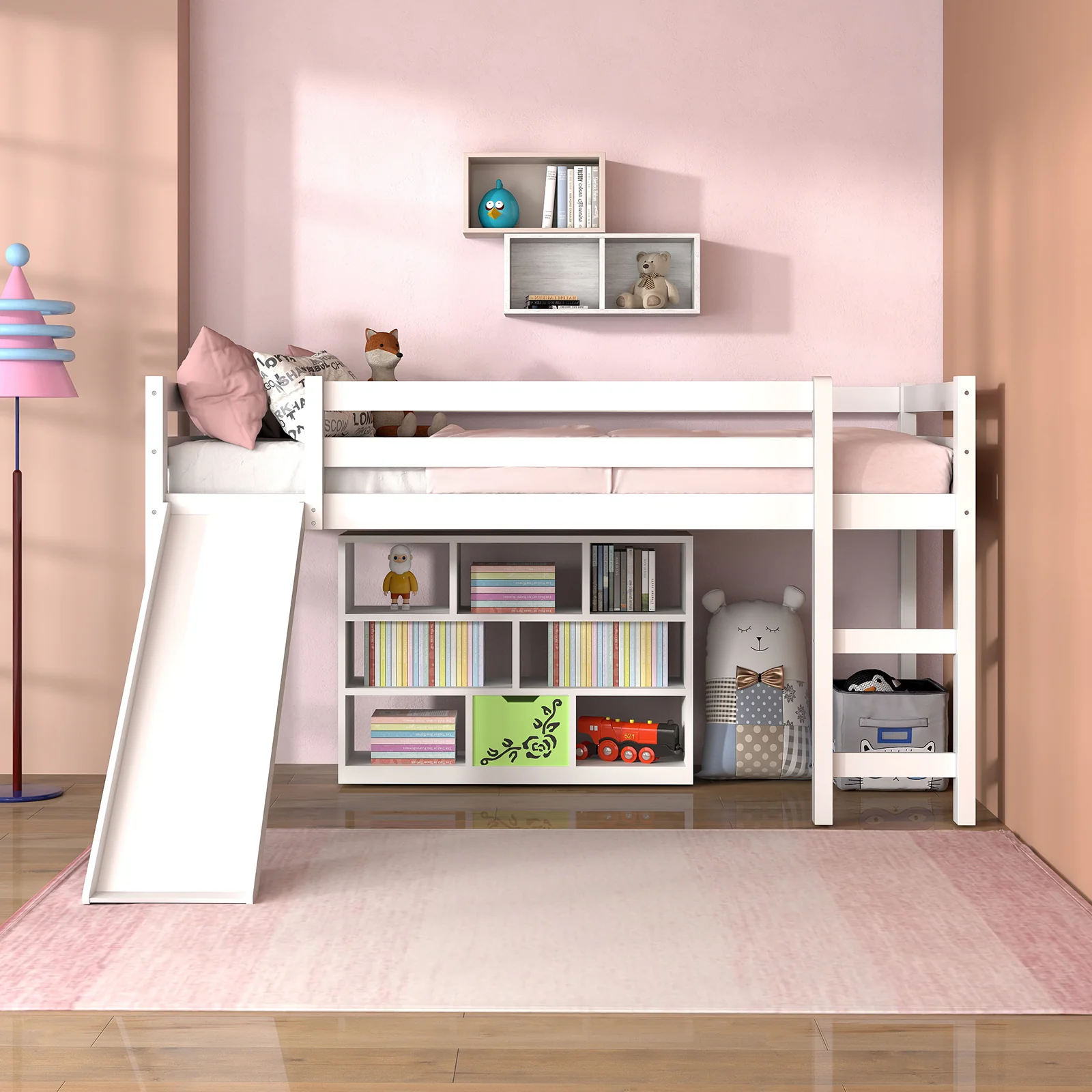 Twin Size Low Loft Bed With Slide, White - Image 3
