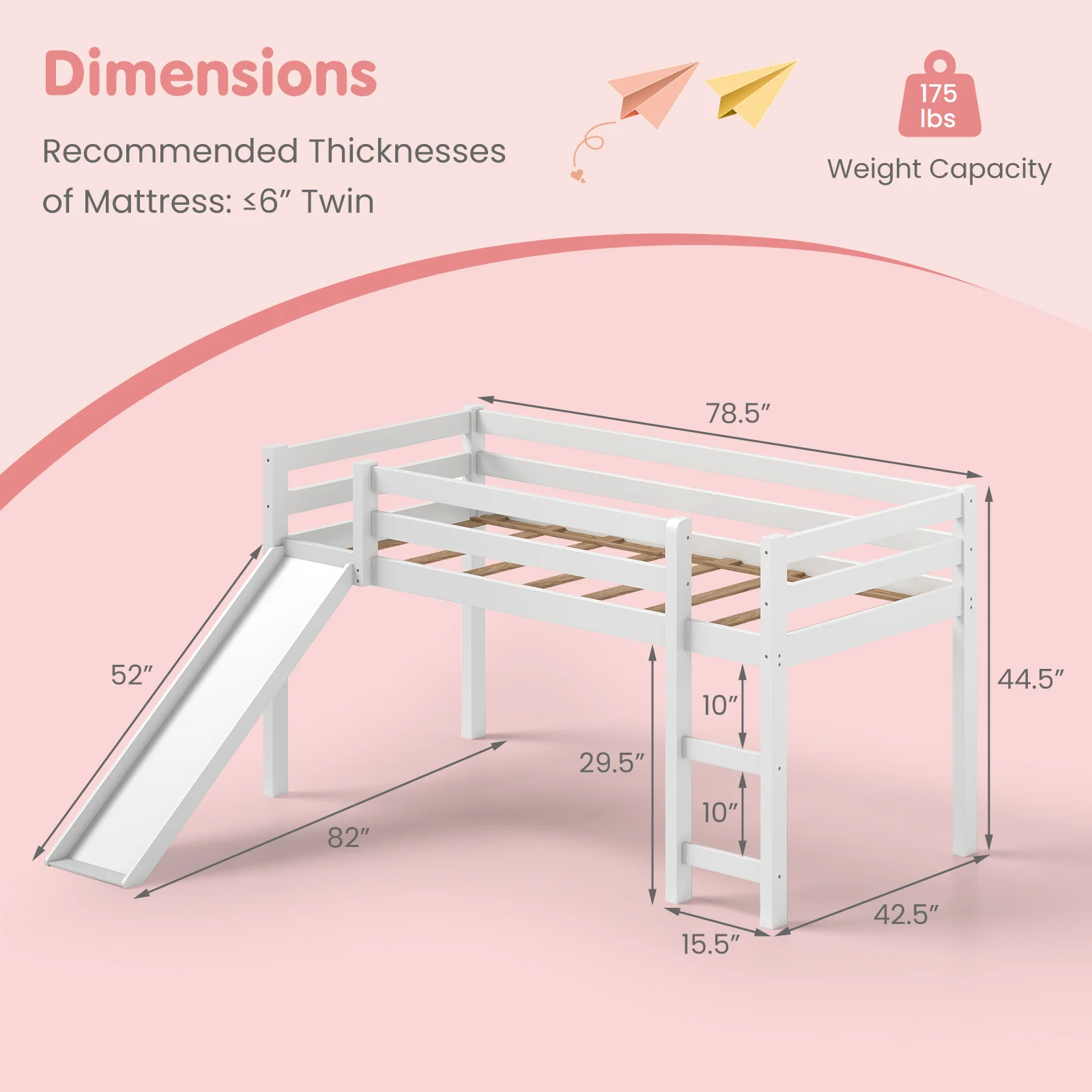 Twin Size Low Loft Bed With Slide, White - Image 5