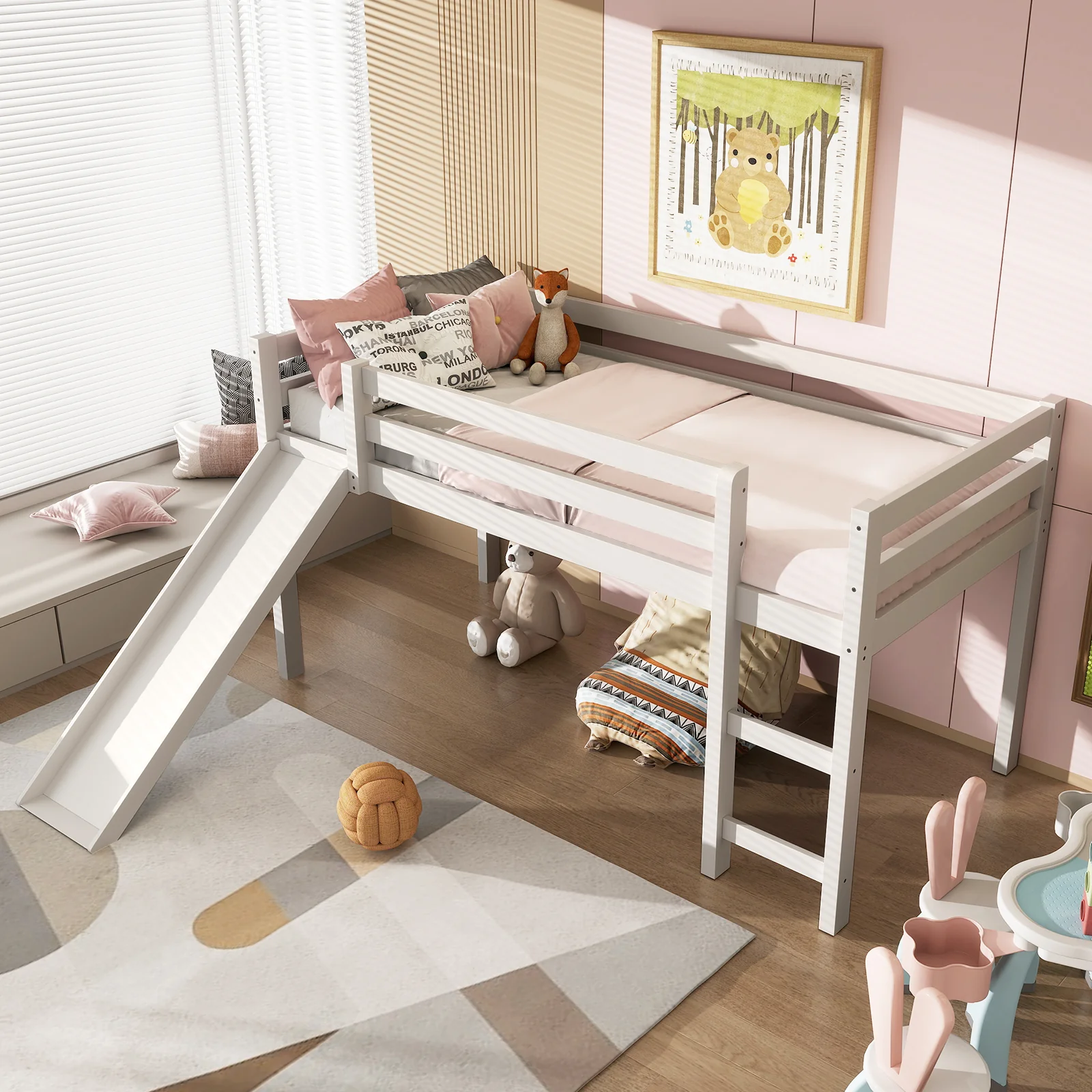 Twin Size Low Loft Bed With Slide, White - Image 6