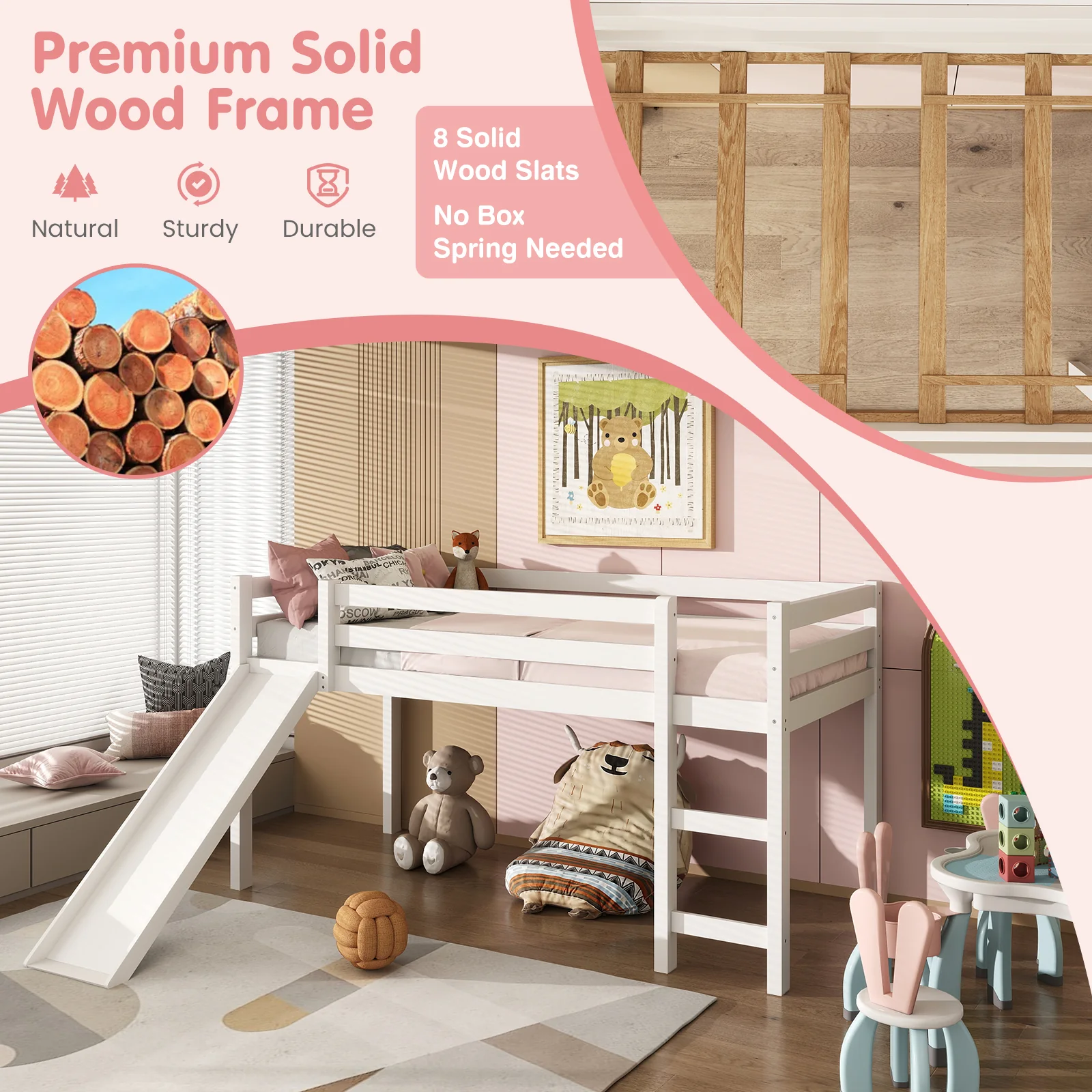 Twin Size Low Loft Bed With Slide, White - Image 7