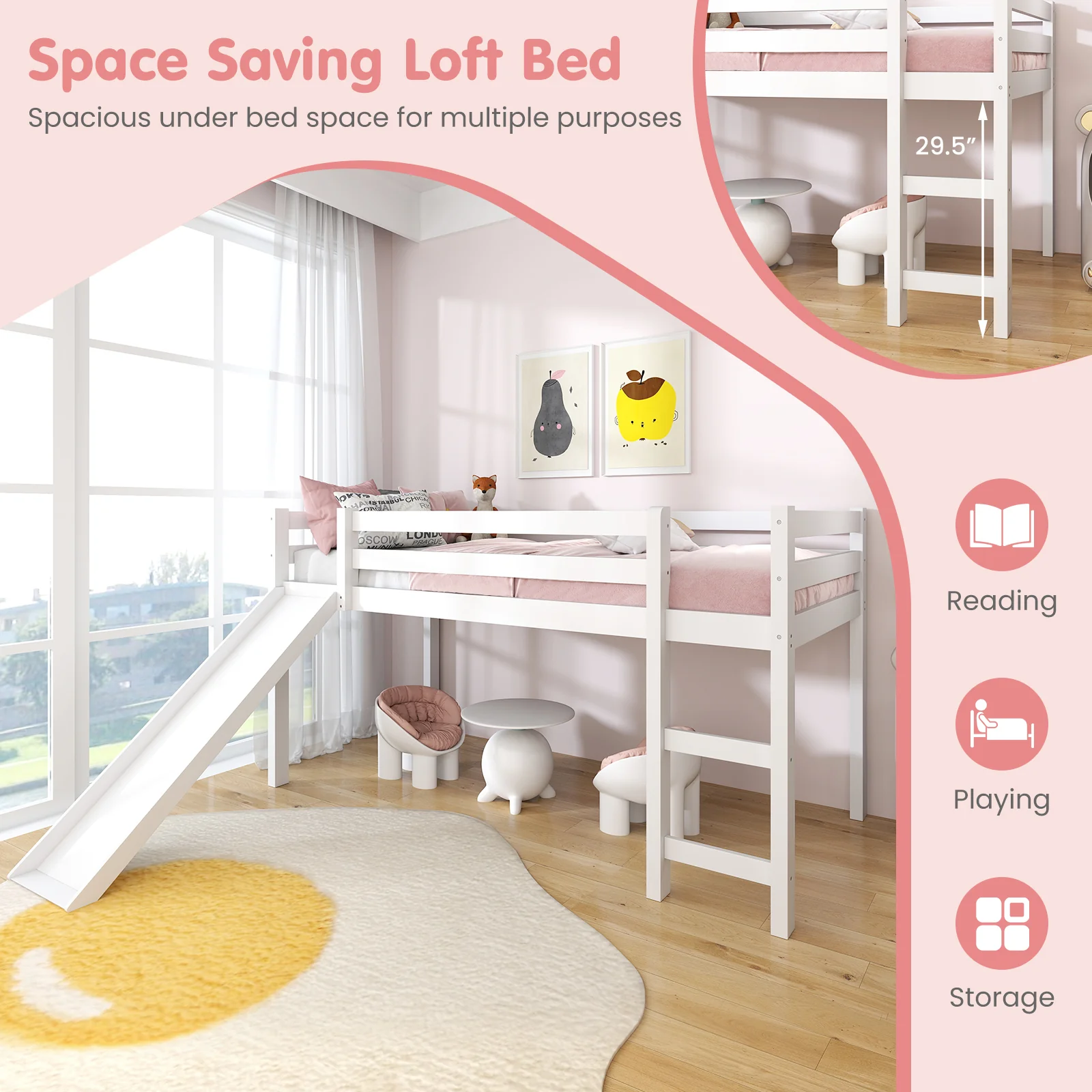 Twin Size Low Loft Bed With Slide, White - Image 8