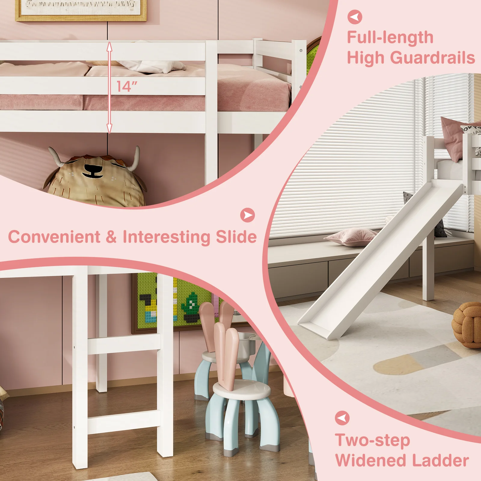 Twin Size Low Loft Bed With Slide, White - Image 9