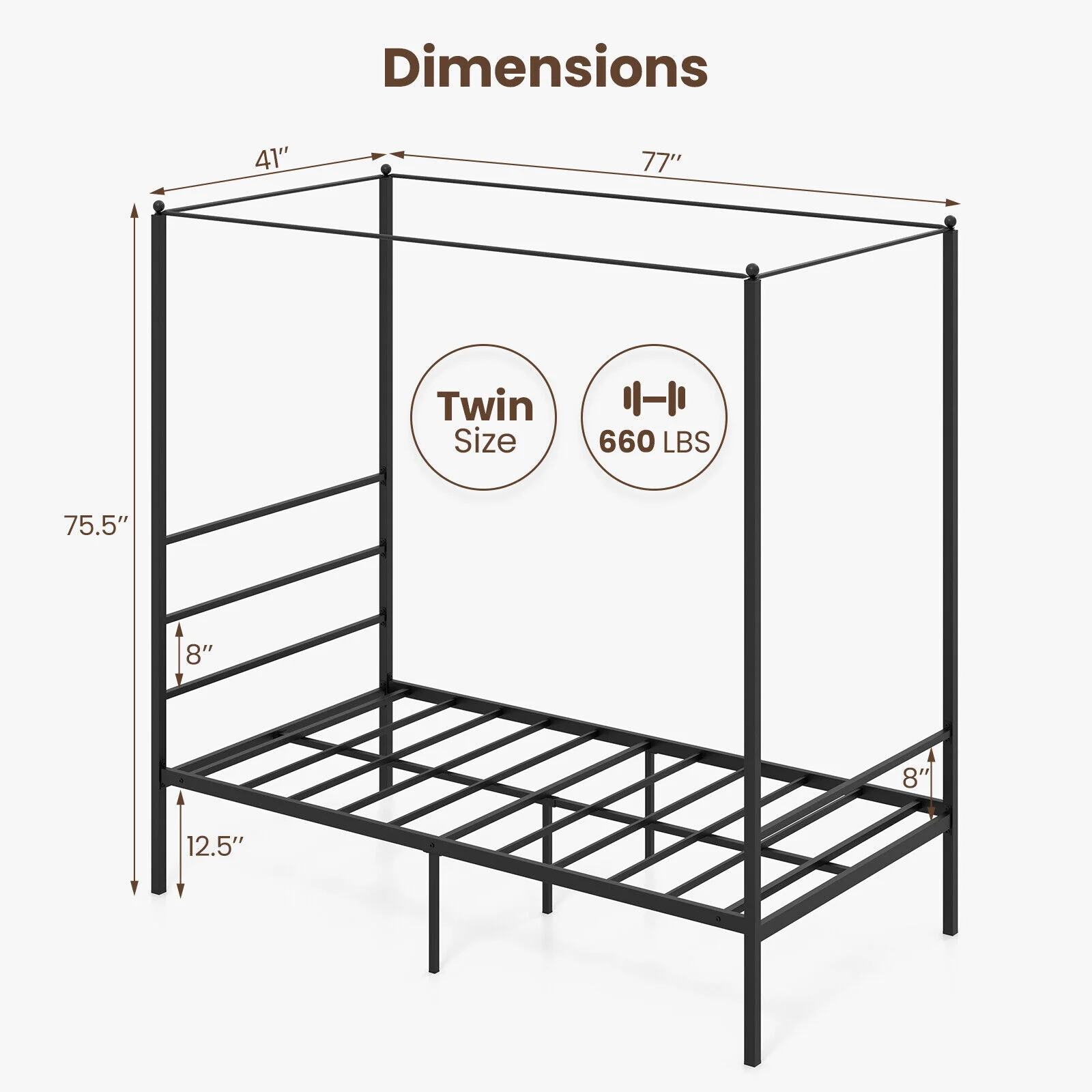 Twin Size Metal Canopy Bed Frame With Slat Support, Black - Image 5