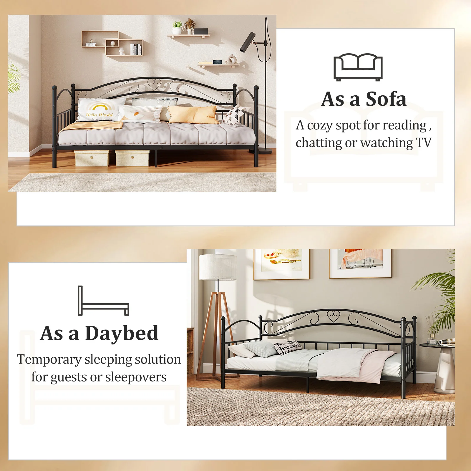 Twin Size Metal Daybed Frame With Headboard, Black - Image 10