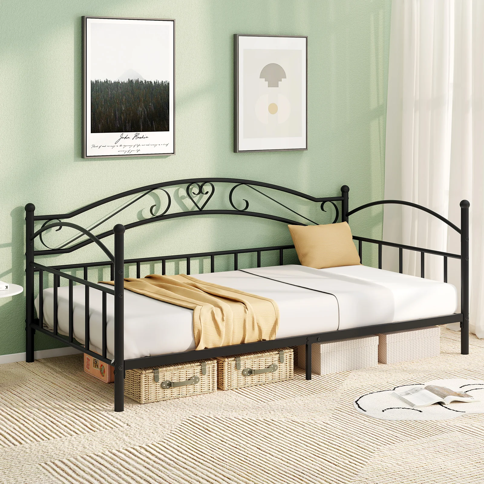 Twin Size Metal Daybed Frame With Headboard, Black - Image 2