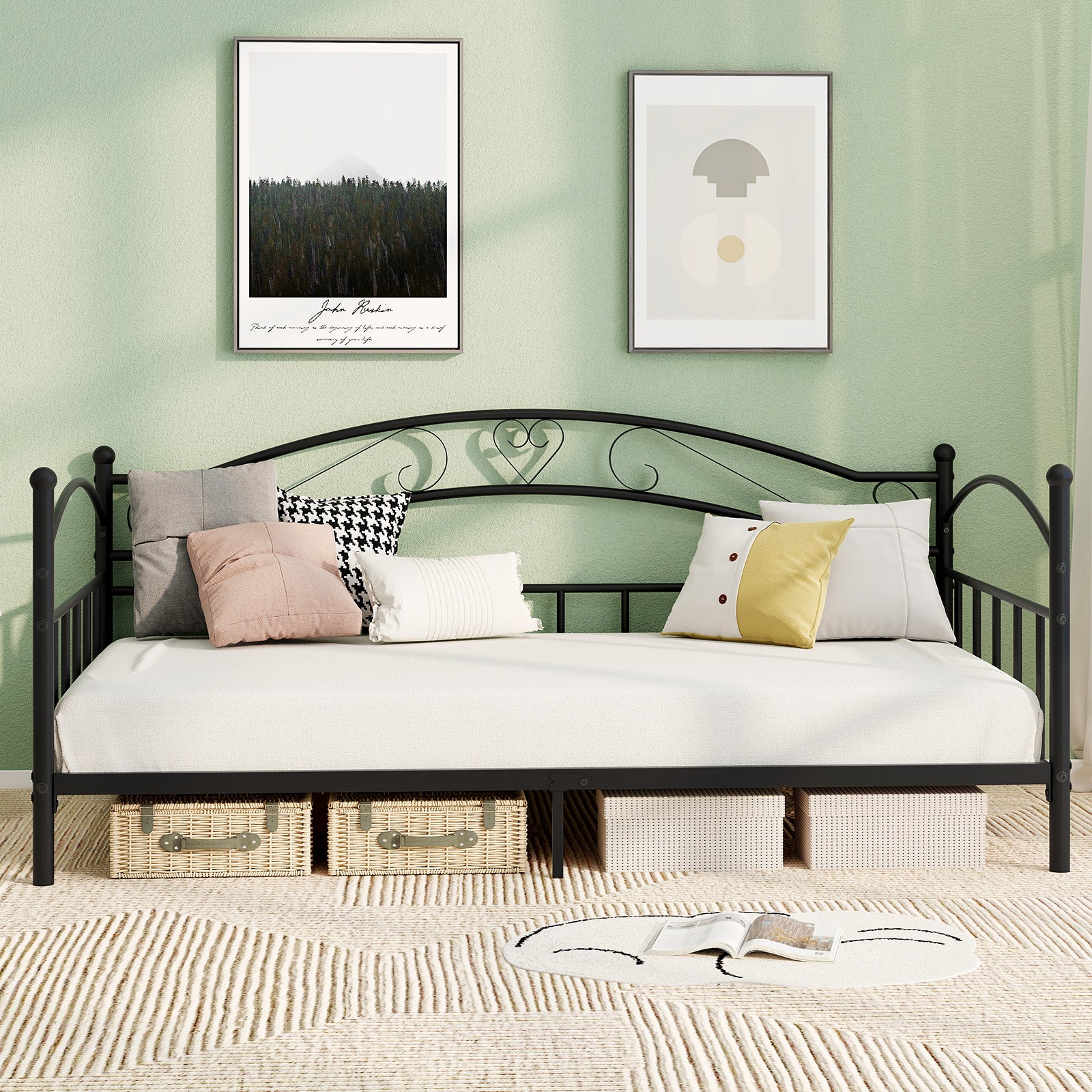 Twin Size Metal Daybed Frame With Headboard, Black - Image 3