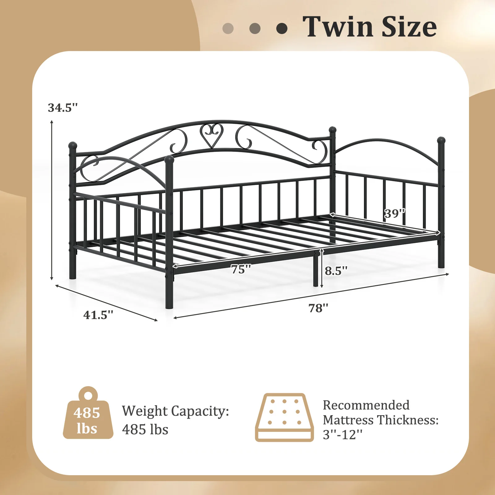 Twin Size Metal Daybed Frame With Headboard, Black - Image 5