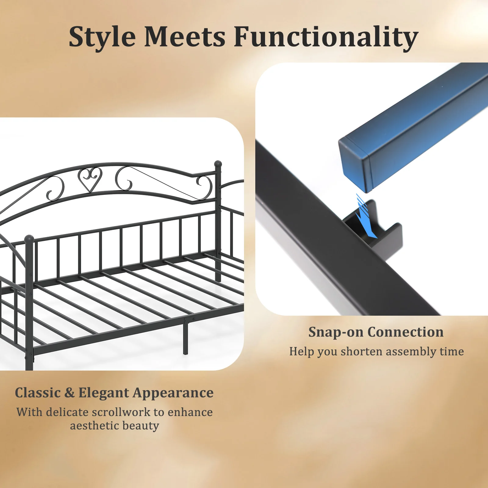 Twin Size Metal Daybed Frame With Headboard, Black - Image 8