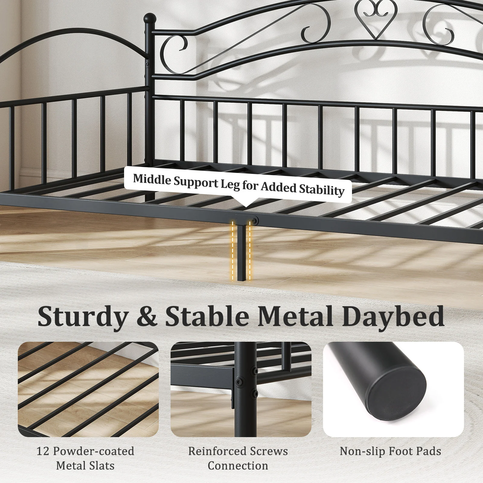 Twin Size Metal Daybed Frame With Headboard, Black - Image 9