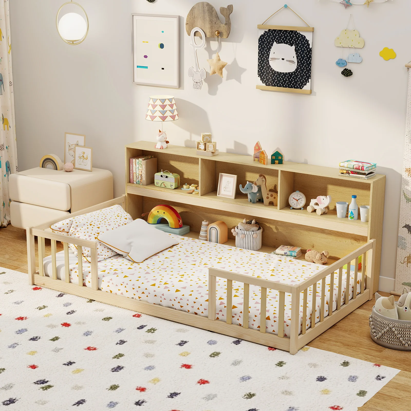Twin Size Montessori Floor Bed With Bookcase, Natural - Image 3