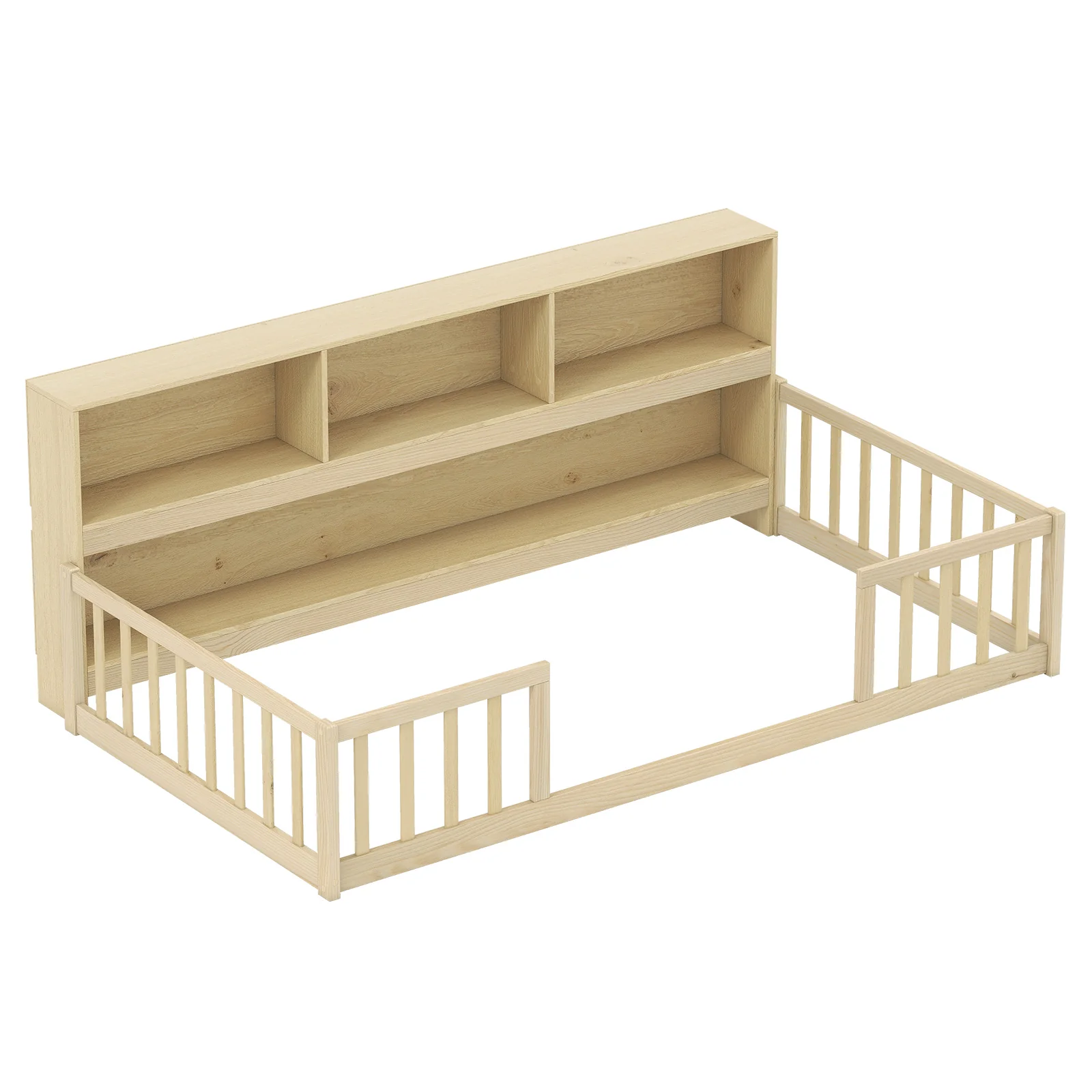 Twin Size Montessori Floor Bed With Bookcase, Natural - Image 5