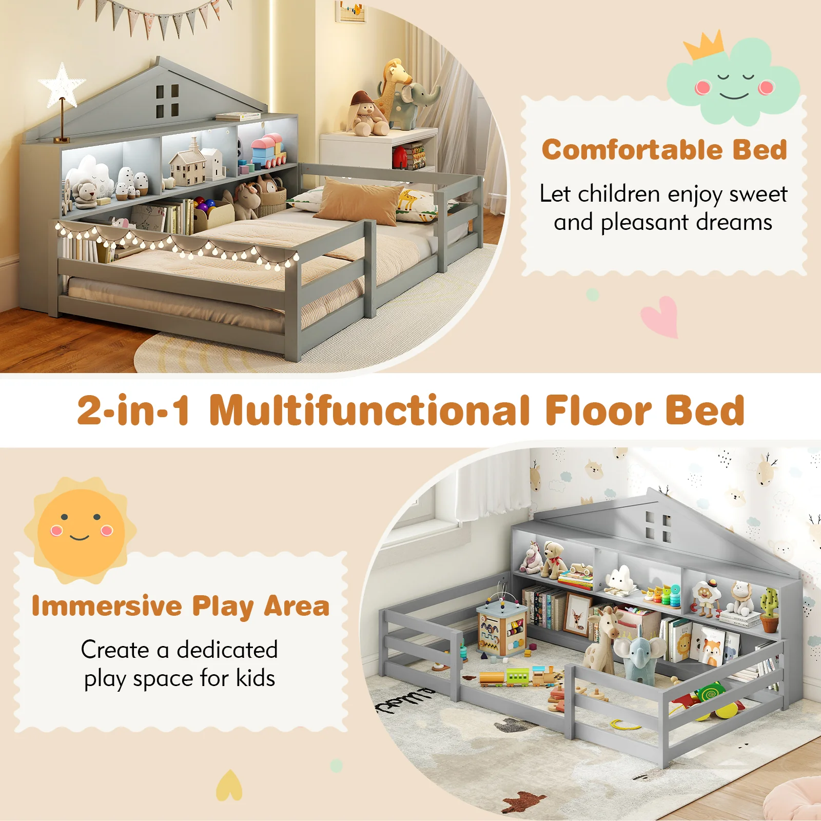 Twin Size Montessori Floor Bed with Storage Compartments and Shelf, Gray - Image 10