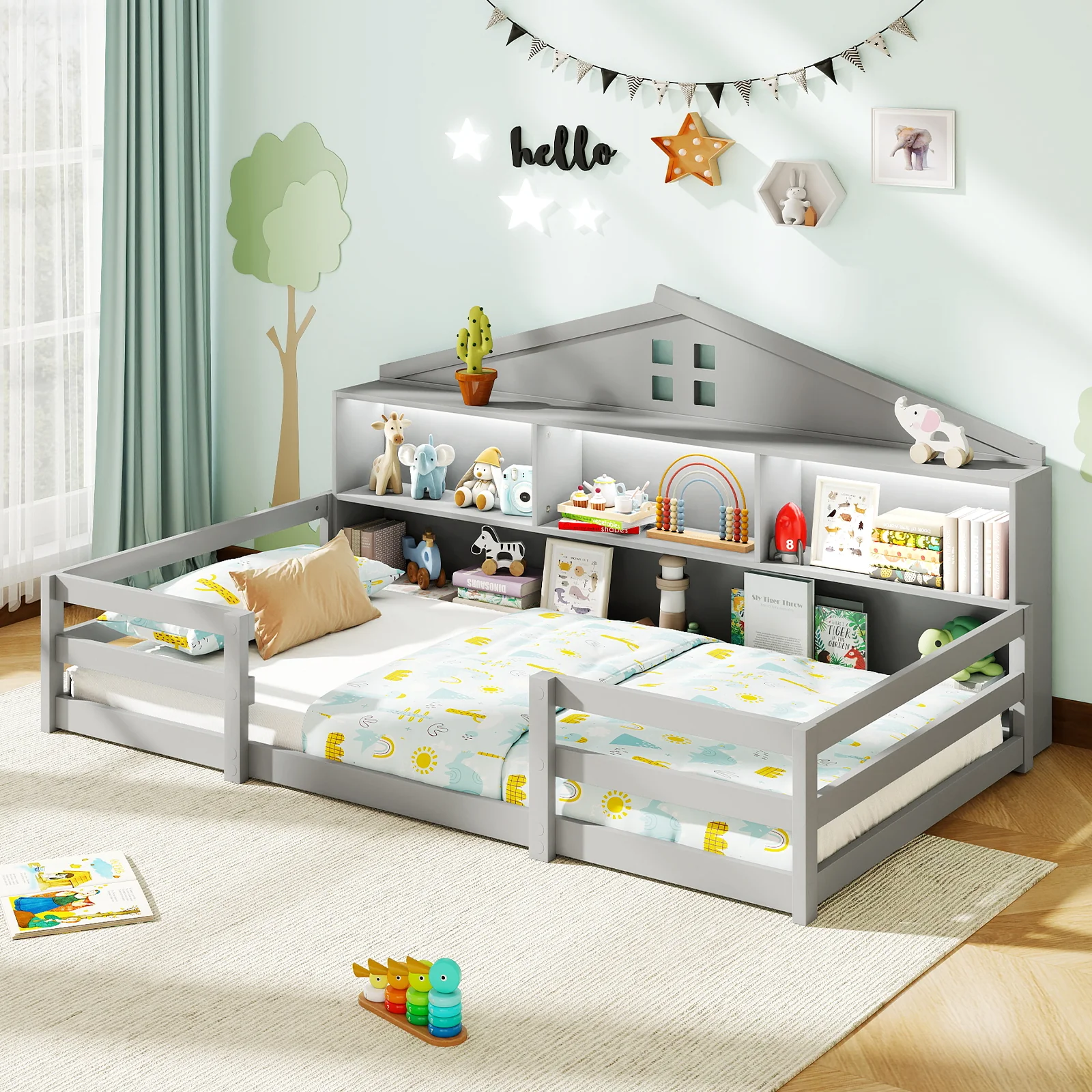 Twin Size Montessori Floor Bed with Storage Compartments and Shelf, Gray - Image 2