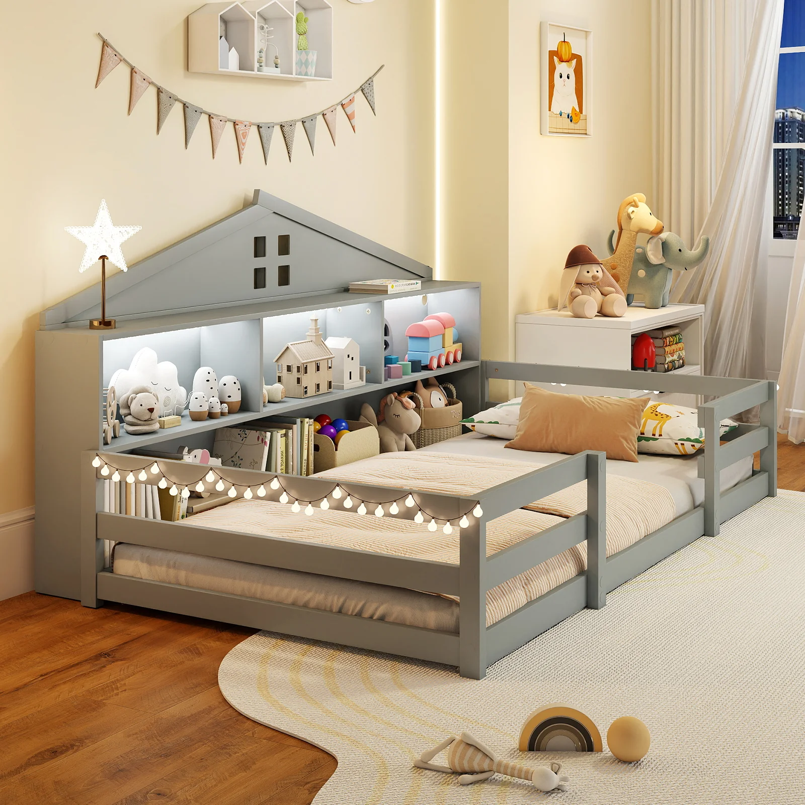 Twin Size Montessori Floor Bed with Storage Compartments and Shelf, Gray - Image 3