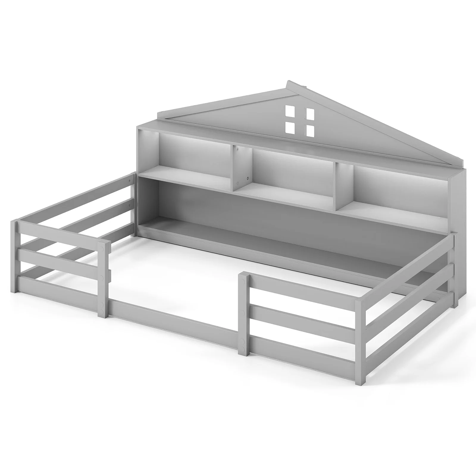 Twin Size Montessori Floor Bed with Storage Compartments and Shelf, Gray - Image 4