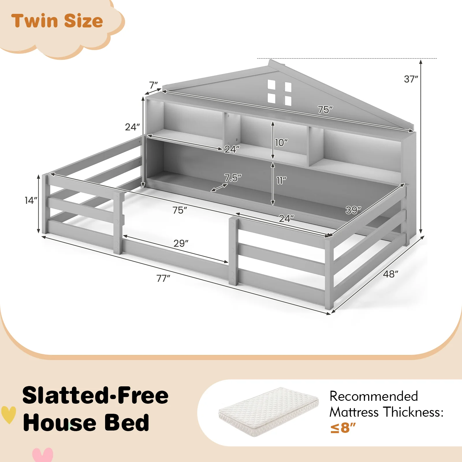 Twin Size Montessori Floor Bed with Storage Compartments and Shelf, Gray - Image 5