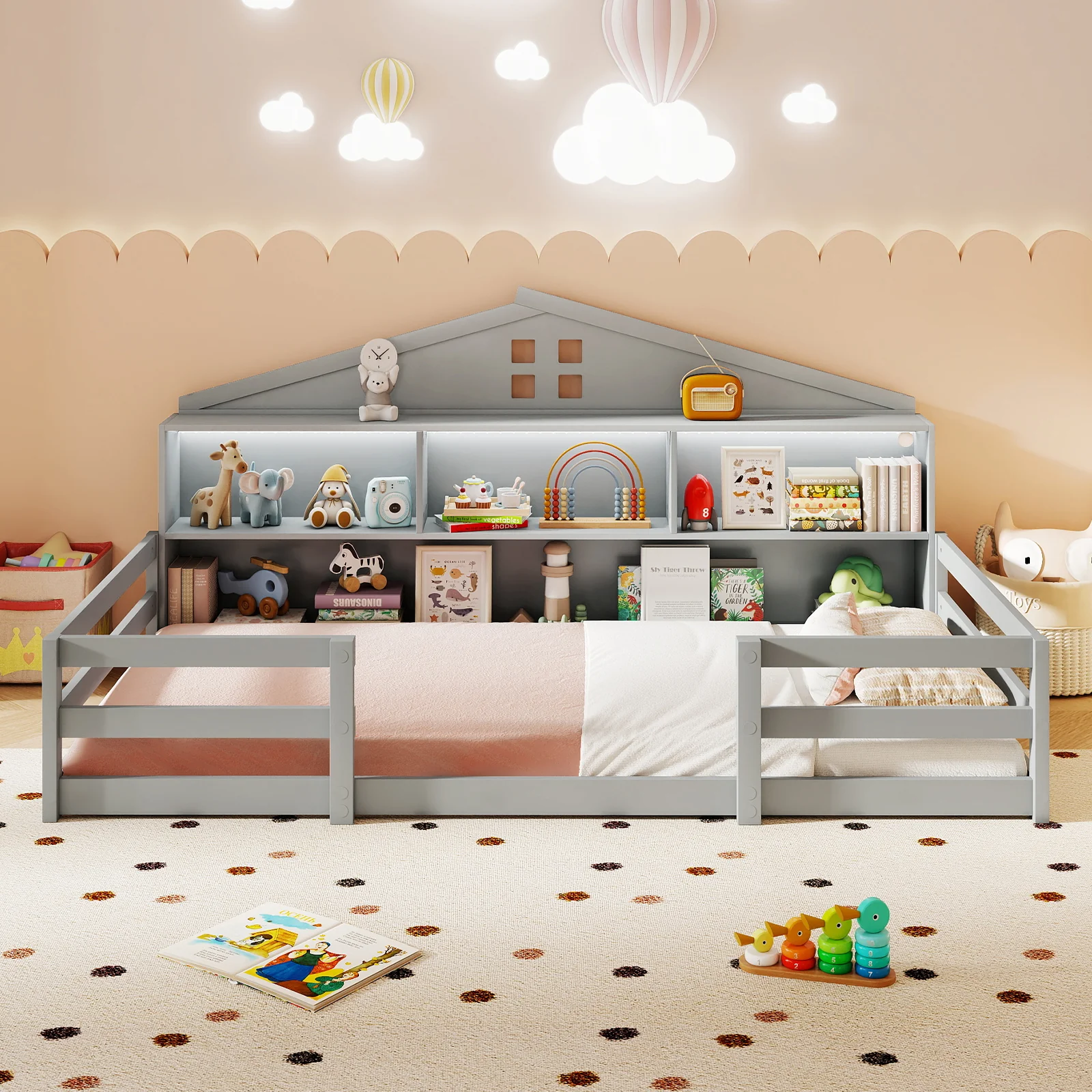 Twin Size Montessori Floor Bed with Storage Compartments and Shelf, Gray - Image 6