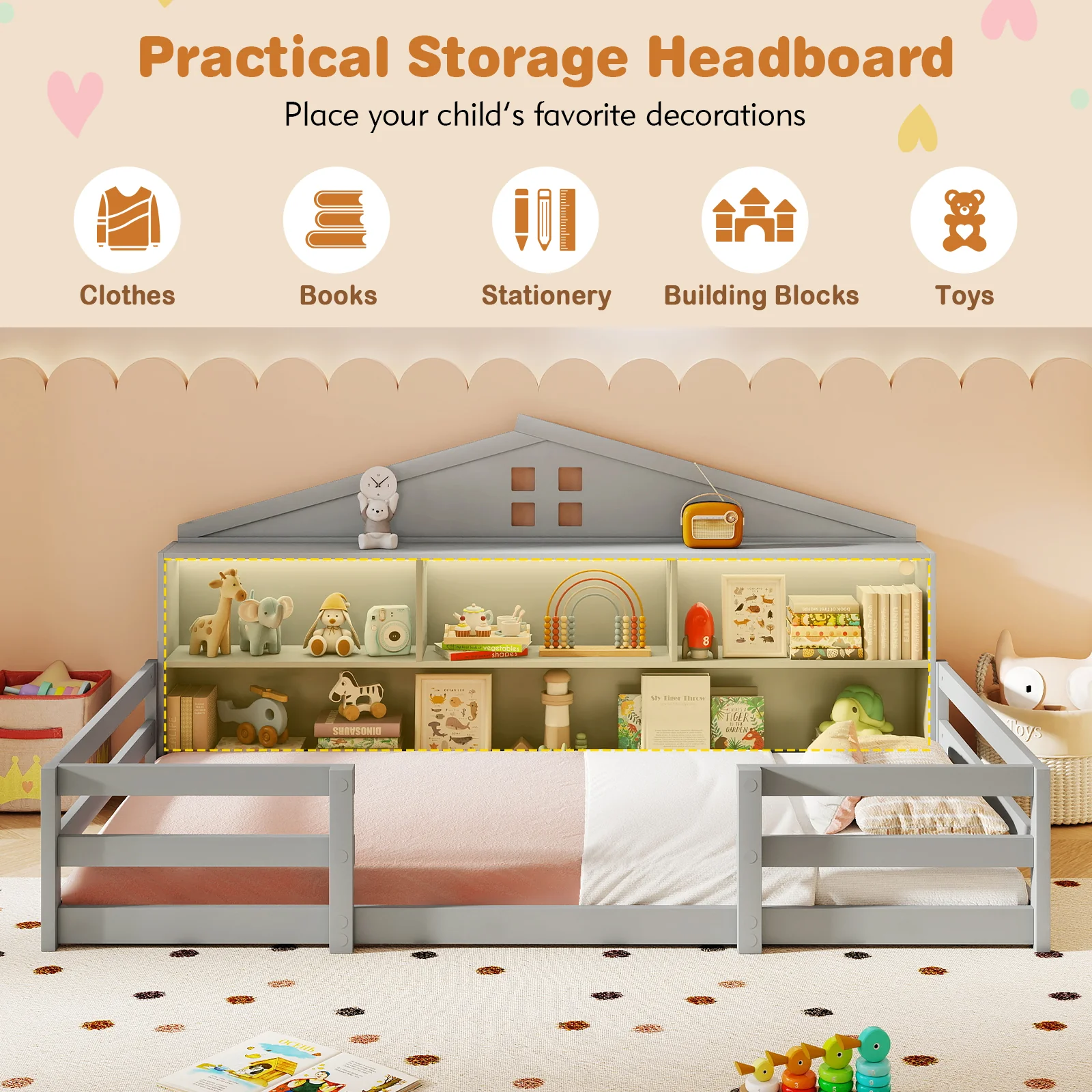 Twin Size Montessori Floor Bed with Storage Compartments and Shelf, Gray - Image 7
