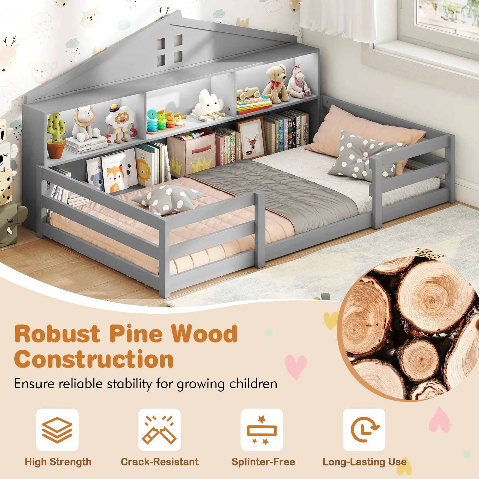 Twin Size Montessori Floor Bed with Storage Compartments and Shelf, Gray - Image 9