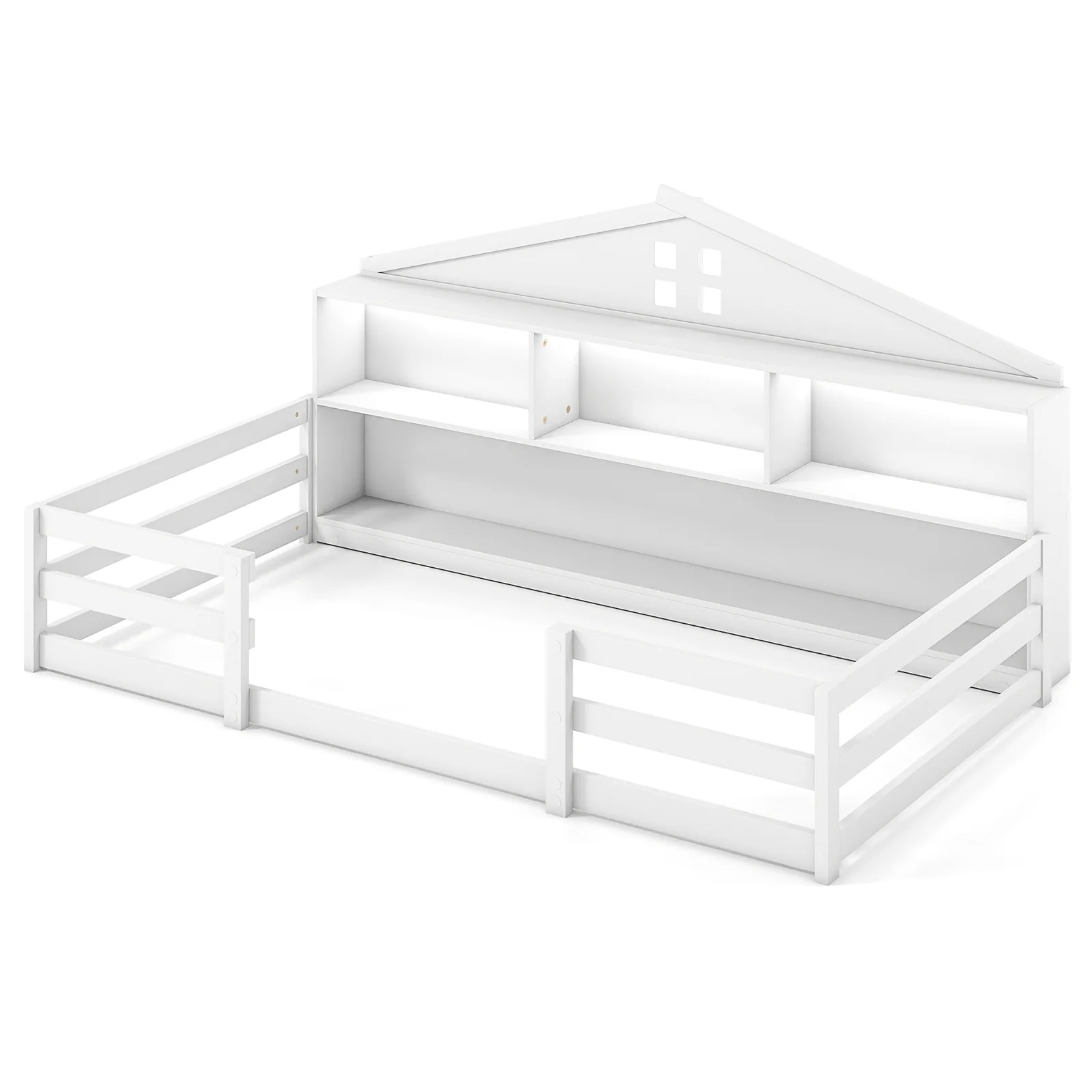 Twin Size Montessori Floor Bed with Storage Compartments and Shelf, White