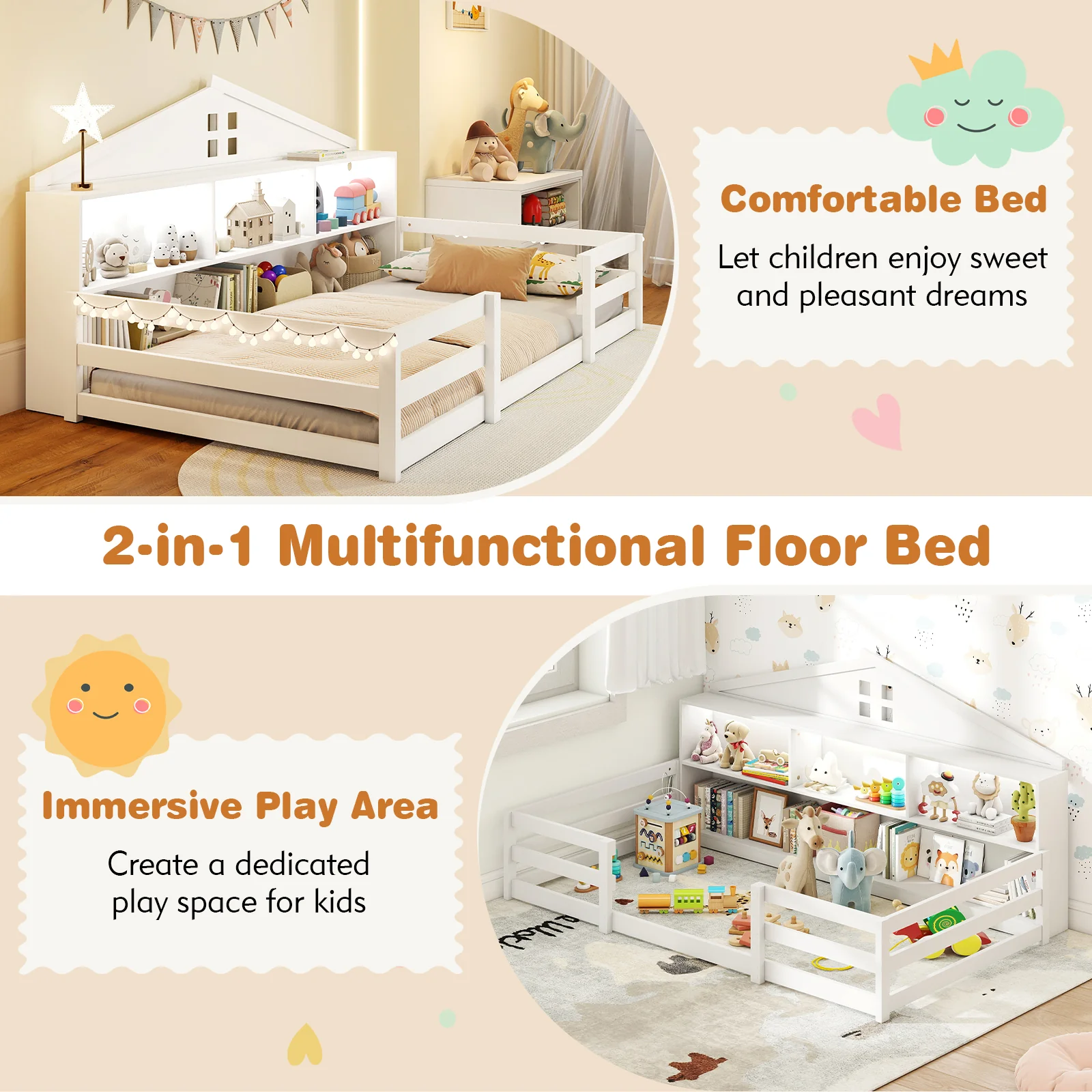 Twin Size Montessori Floor Bed with Storage Compartments and Shelf, White - Image 10