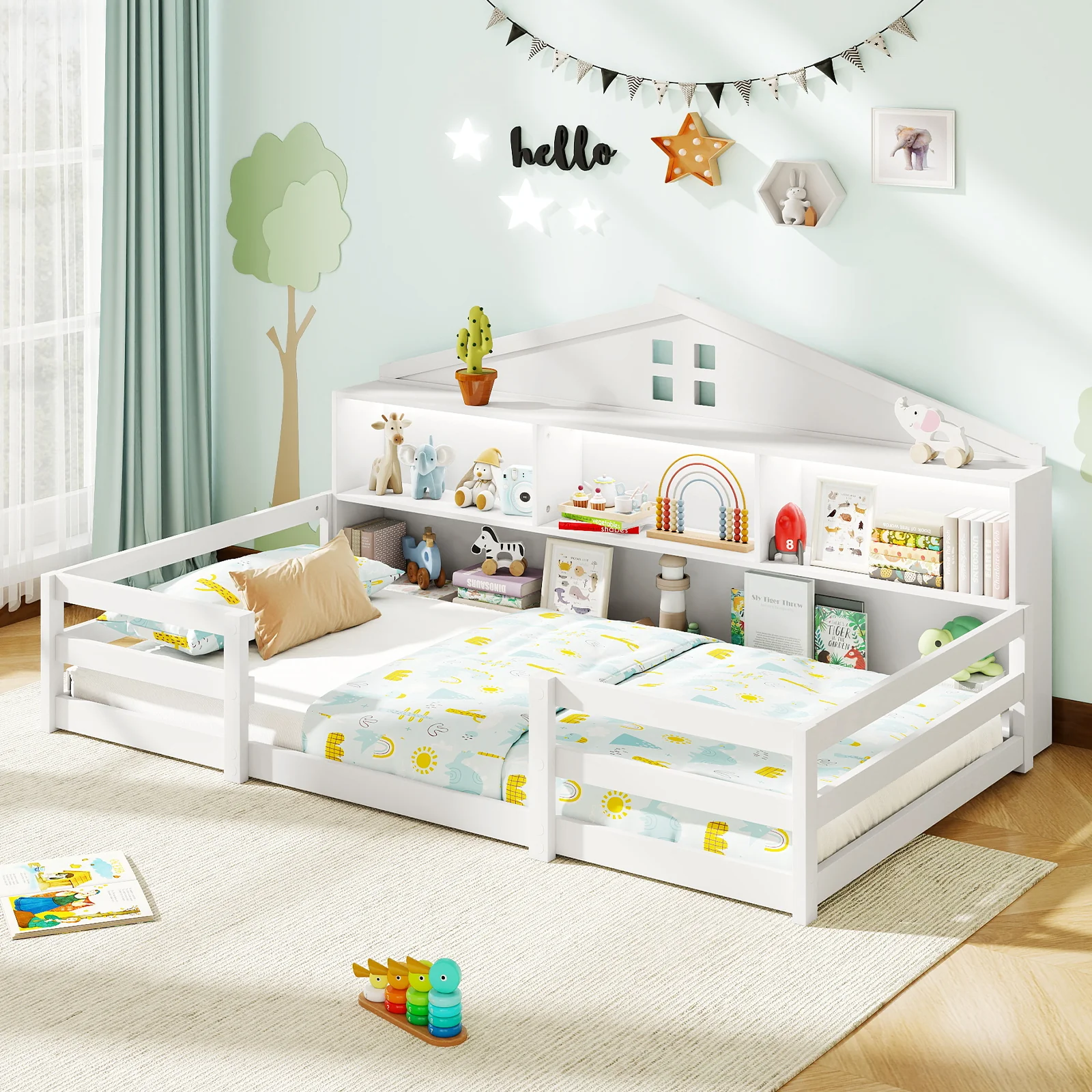 Twin Size Montessori Floor Bed with Storage Compartments and Shelf, White - Image 2