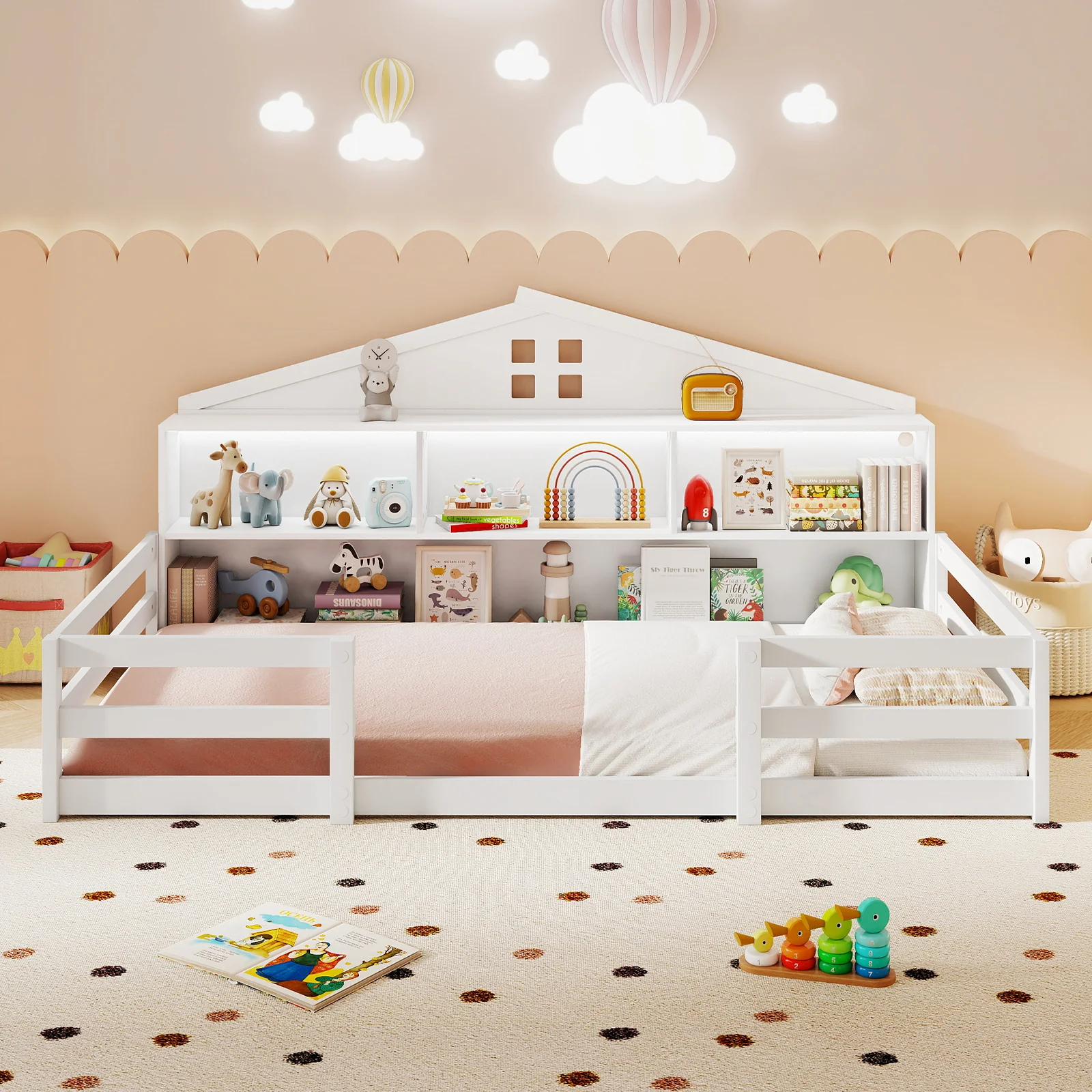 Twin Size Montessori Floor Bed with Storage Compartments and Shelf, White - Image 3
