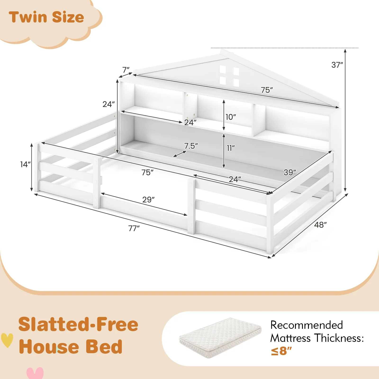 Twin Size Montessori Floor Bed with Storage Compartments and Shelf, White - Image 5
