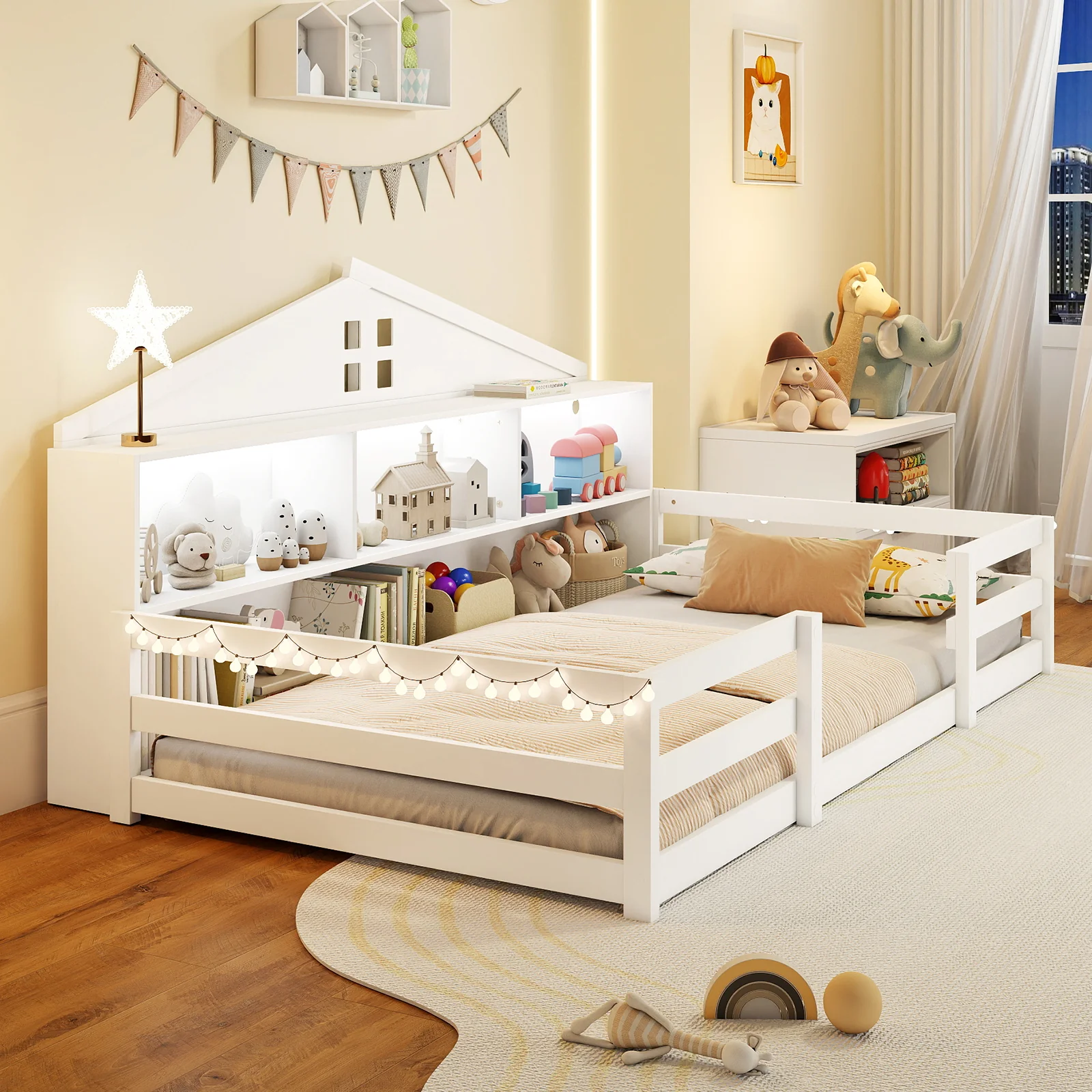 Twin Size Montessori Floor Bed with Storage Compartments and Shelf, White - Image 6