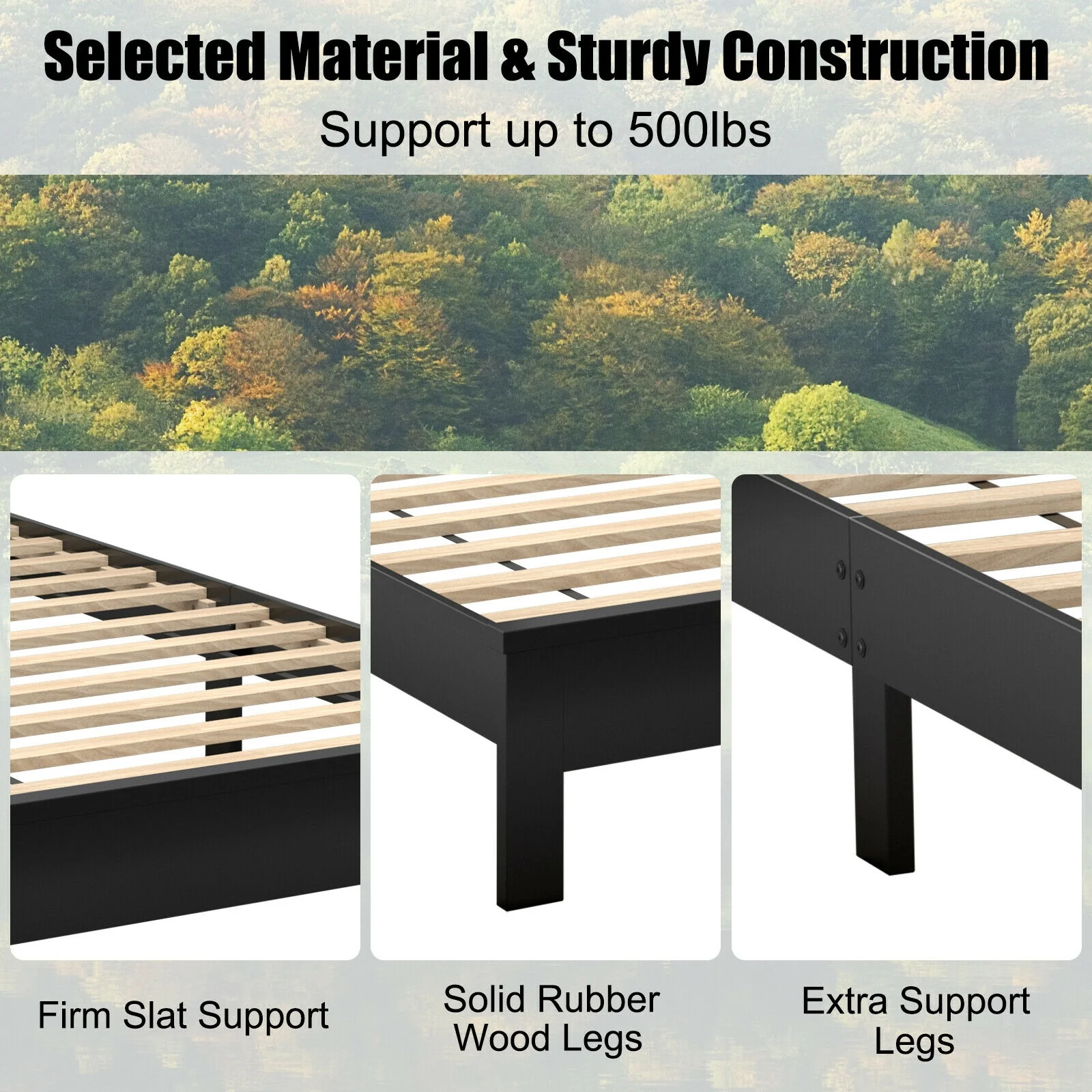 Twin Size Platform Bed Frame, Rubber Wood Leg, Black - Image 10