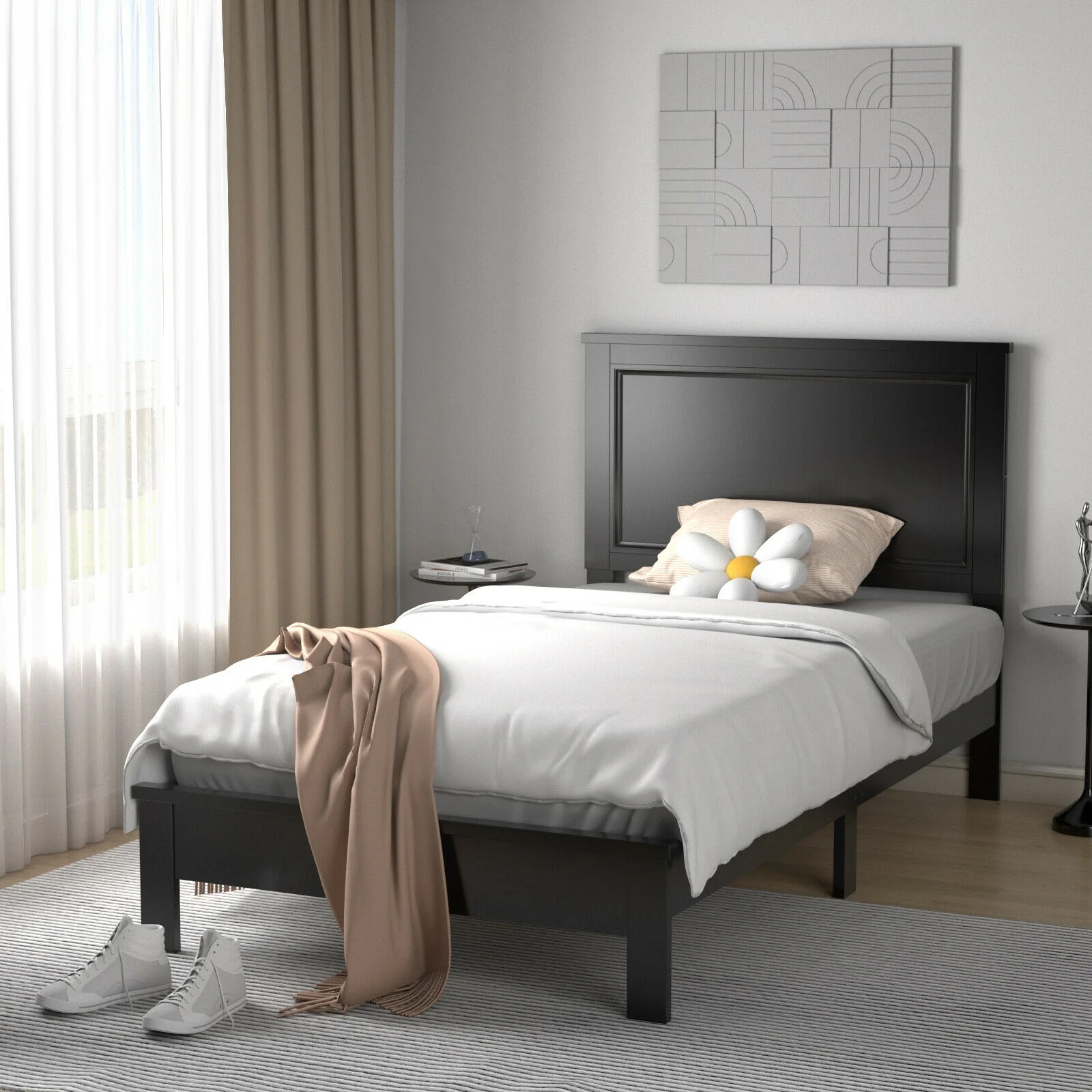 Twin Size Platform Bed Frame, Rubber Wood Leg, Black - Image 3