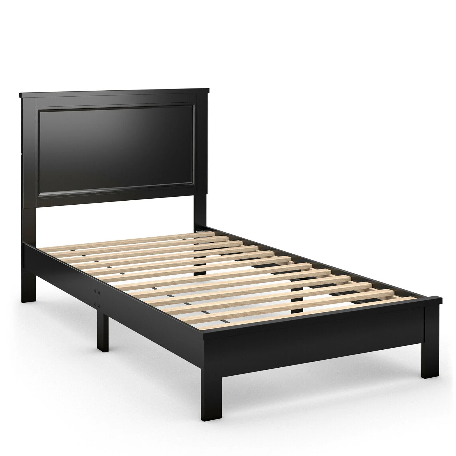 Twin Size Platform Bed Frame, Rubber Wood Leg, Black - Image 4