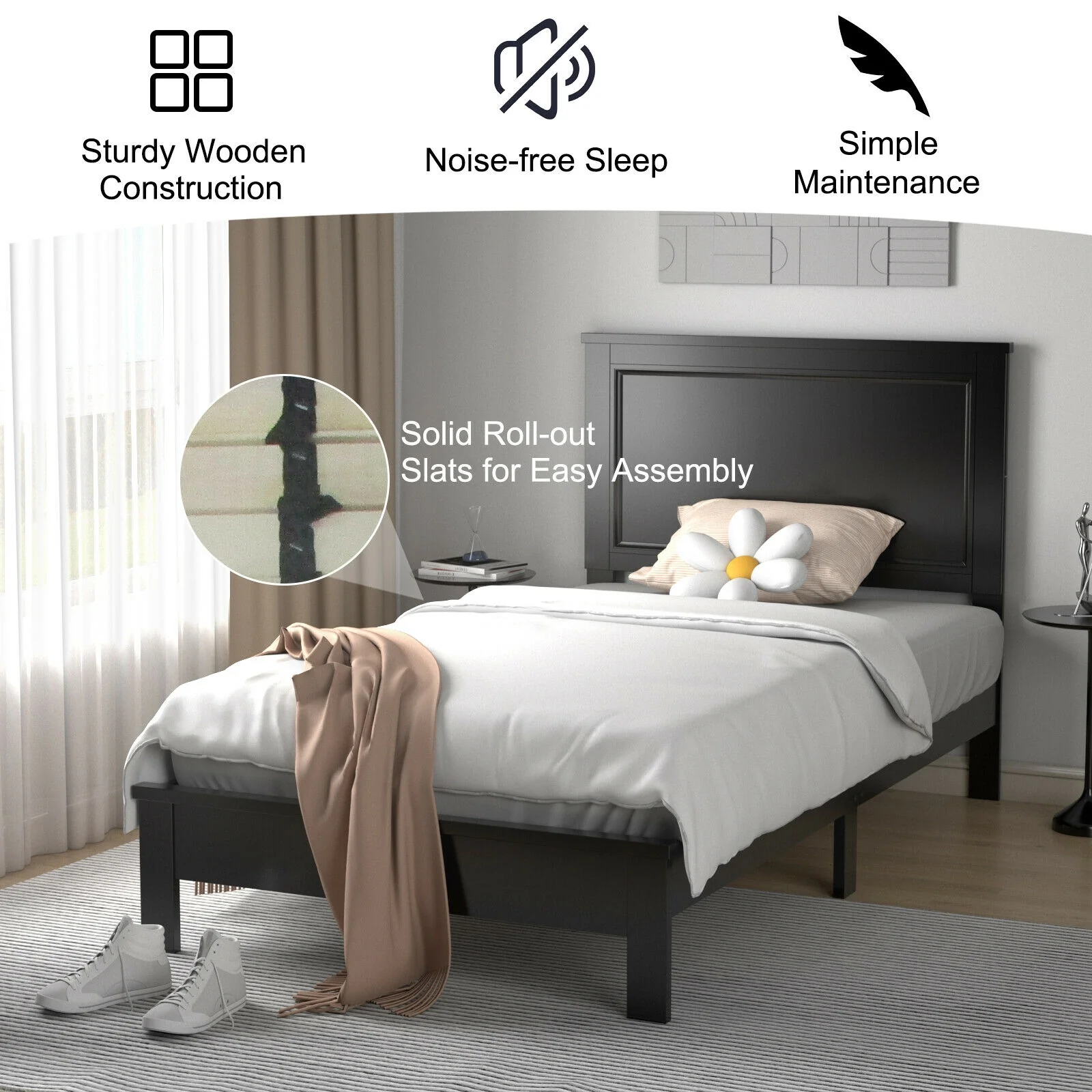 Twin Size Platform Bed Frame, Rubber Wood Leg, Black - Image 7